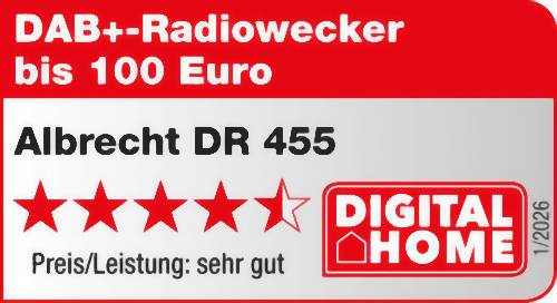 'DAB+-Radiowecker bis 100 Euro. Albrecht DR 455. Preis/Leistung: sehr gut. DIGITAL HOME.' rotes Label mit fünf roten Sternen.