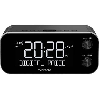 Digitale Radiouhr, die '20:28 Uhr' anzeigt, mit Lautstärke- und Abstimmungsreglern auf der rechten Seite.