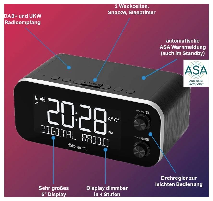 Digitaler Radiowecker mit großem 5-Zoll-Display, zwei Weckzeiten, Drehregler, dimmbarer Anzeige und ASA-Warnmeldung.