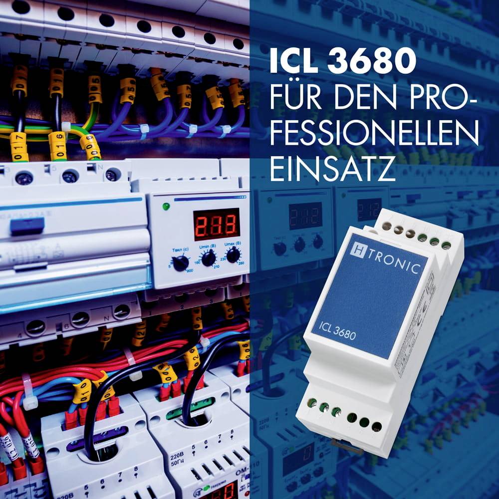 Der Text "ICL 3680 für den professionellen Einsatz" wird neben einem elektrischen Panel mit bunten Kabeln und digitalen Bildschirmen angezeigt.