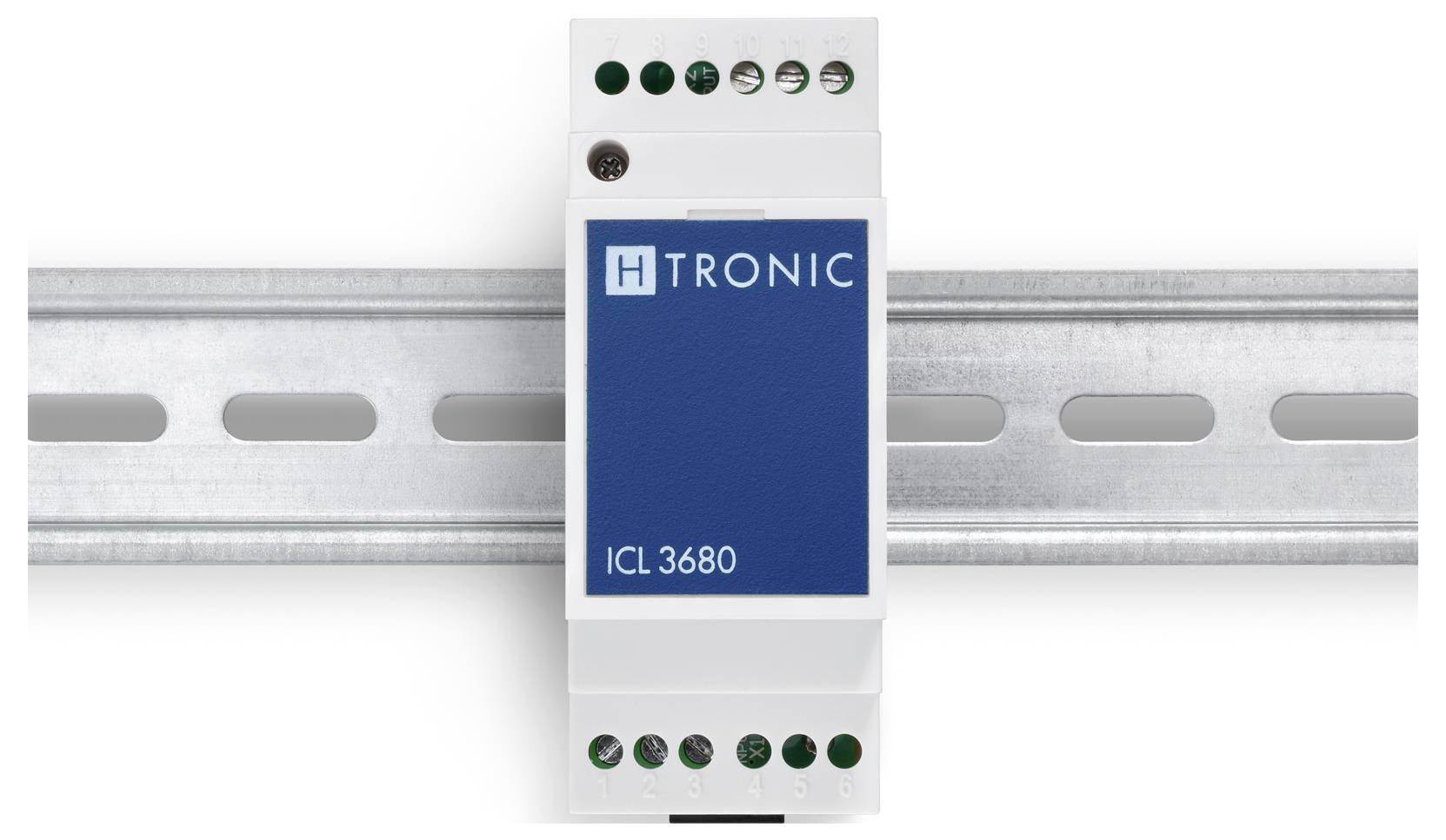 Ein blau-weißes elektronisches Modul mit der Bezeichnung 'H TRONIC ICL 3680' ist auf einer Metallschiene montiert und verfügt über mehrere Anschlussports.