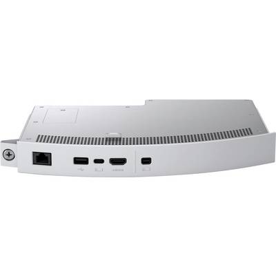 Eine weiße, gebogene elektronische Vorrichtung, Rückansicht, mit einem Ethernet-Anschluss, zwei USB-Anschlüssen und einem HDMI-Anschluss.