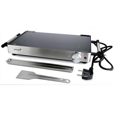 Elektrische Grillplatte 'Korona' mit Temperaturregelungsknopf, Netzstecker und inklusive Pfannenwender und Auffangschale zum Kochen.