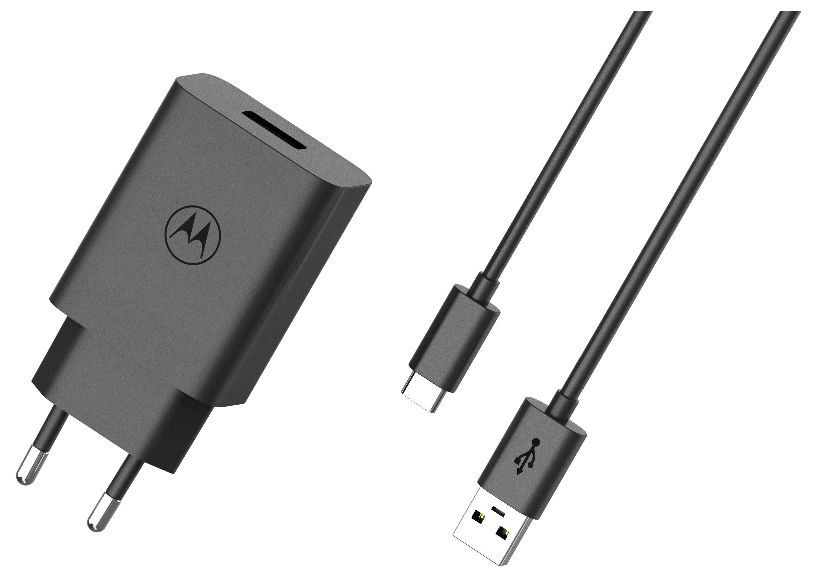 Ein schwarzes Wandladegerät mit einem europäischen Stecker und zwei USB-Kabeln, die USB-C und USB-A-Anschlüsse zeigen.