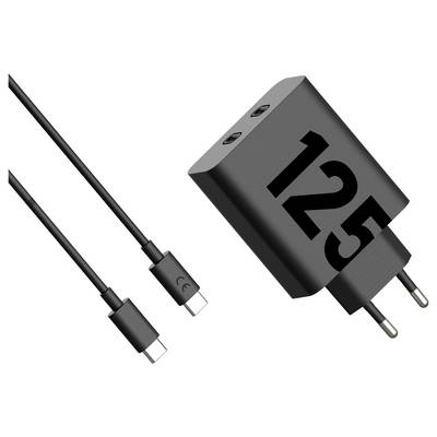 Ein schwarzes Netzteil mit der Aufschrift "125", zusammen mit zwei USB-C-Kabeln, was auf schnelle Ladefähigkeiten hindeutet.
