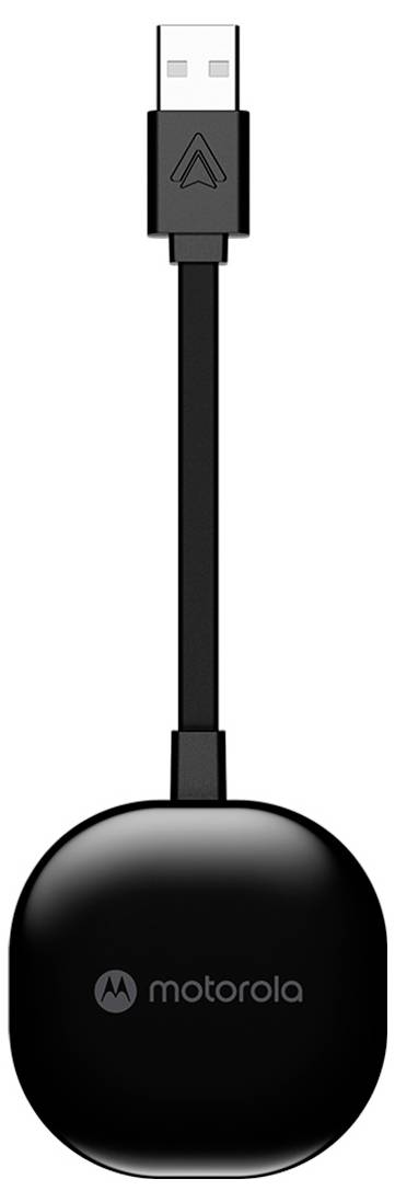 Ein kleiner, runder, schwarzer Motorola-Drahtlosadapter mit einem kurzen Kabel und USB-Anschluss.