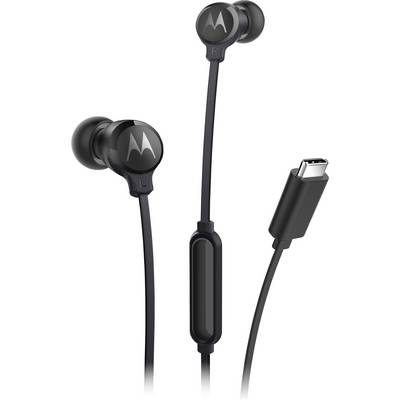 Schwarze In-Ear-Kopfhörer mit einem USB-C-Anschluss und einer Inline-Fernbedienung.
