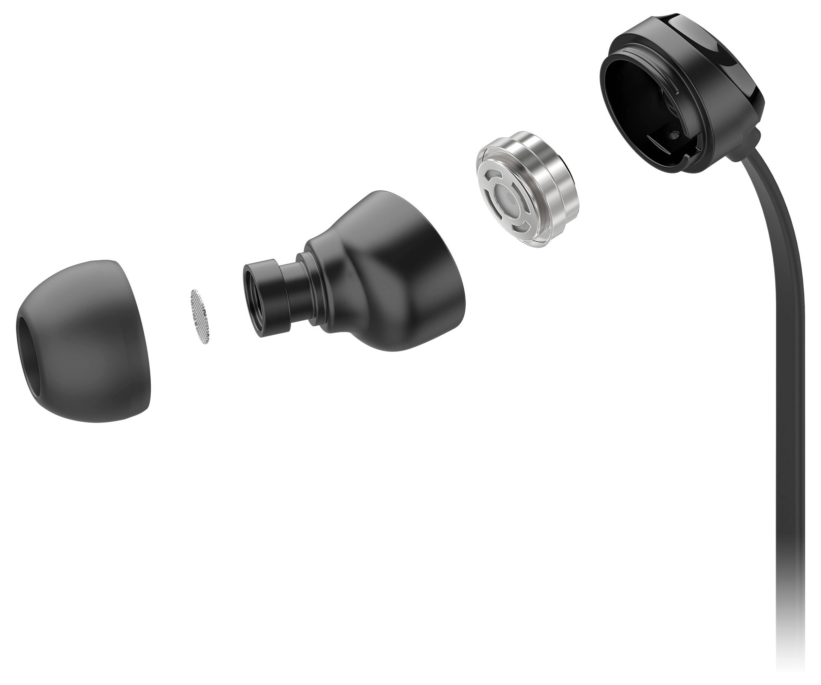 Explosionszeichnung eines schwarzen Earbuds, die seine Komponenten zeigt: Ohrhörer, Gitter, Gehäuse und Lautsprechereinheit, die den Montageprozess veranschaulicht.