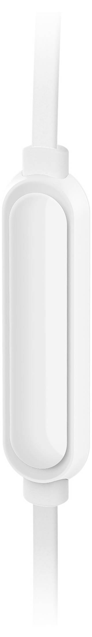 Ein weißer Inline-Audio-Kontrollschalter auf einem Kabel, wahrscheinlich für Kopfhörer oder Ohrhörer, mit minimalistischem Design.