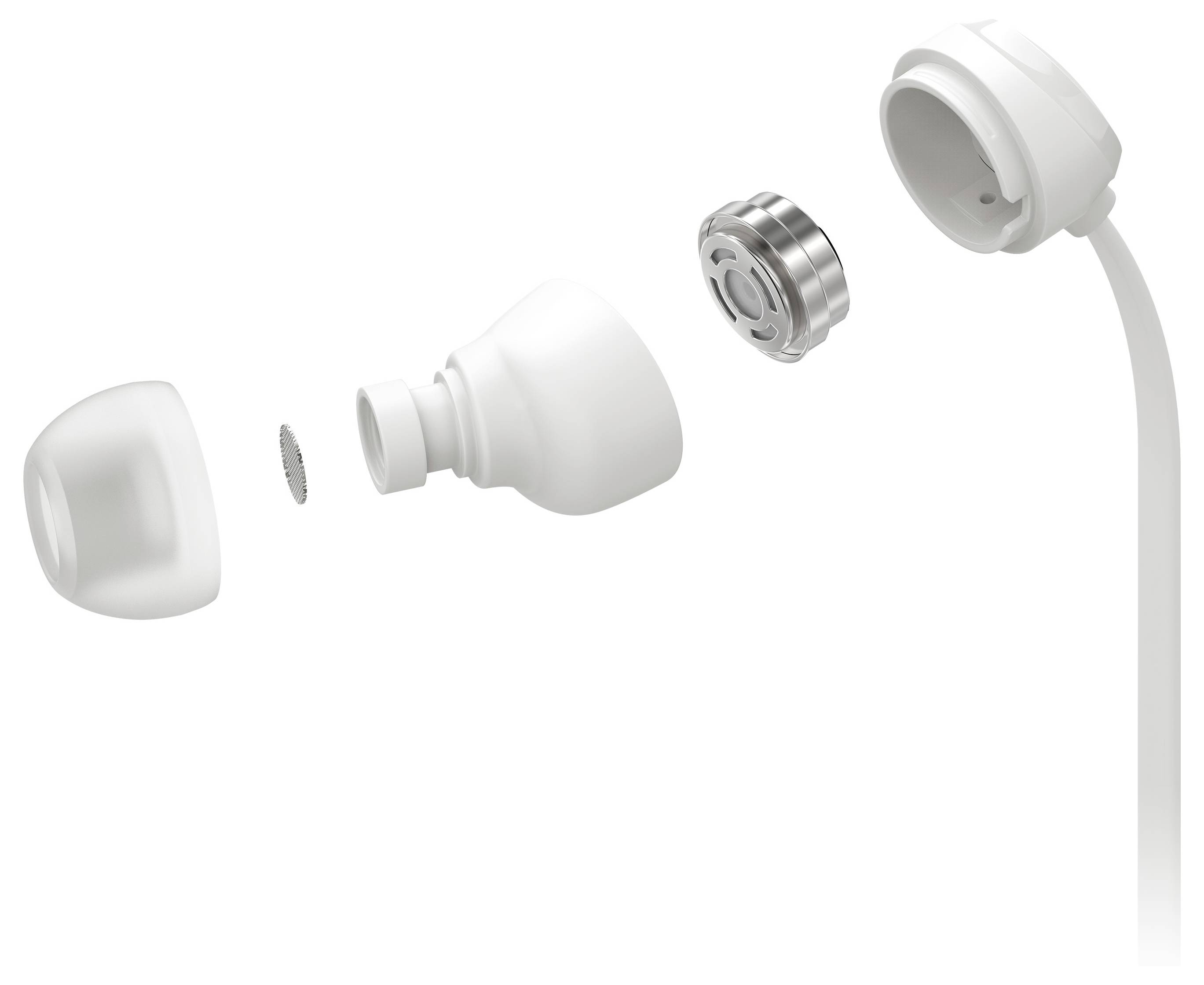 Explosionszeichnung eines weißen Earbuds, die seine einzelnen Komponenten zeigt: Ohreinsatz, Gitter, Lautsprechereinheit und Außengehäuse.