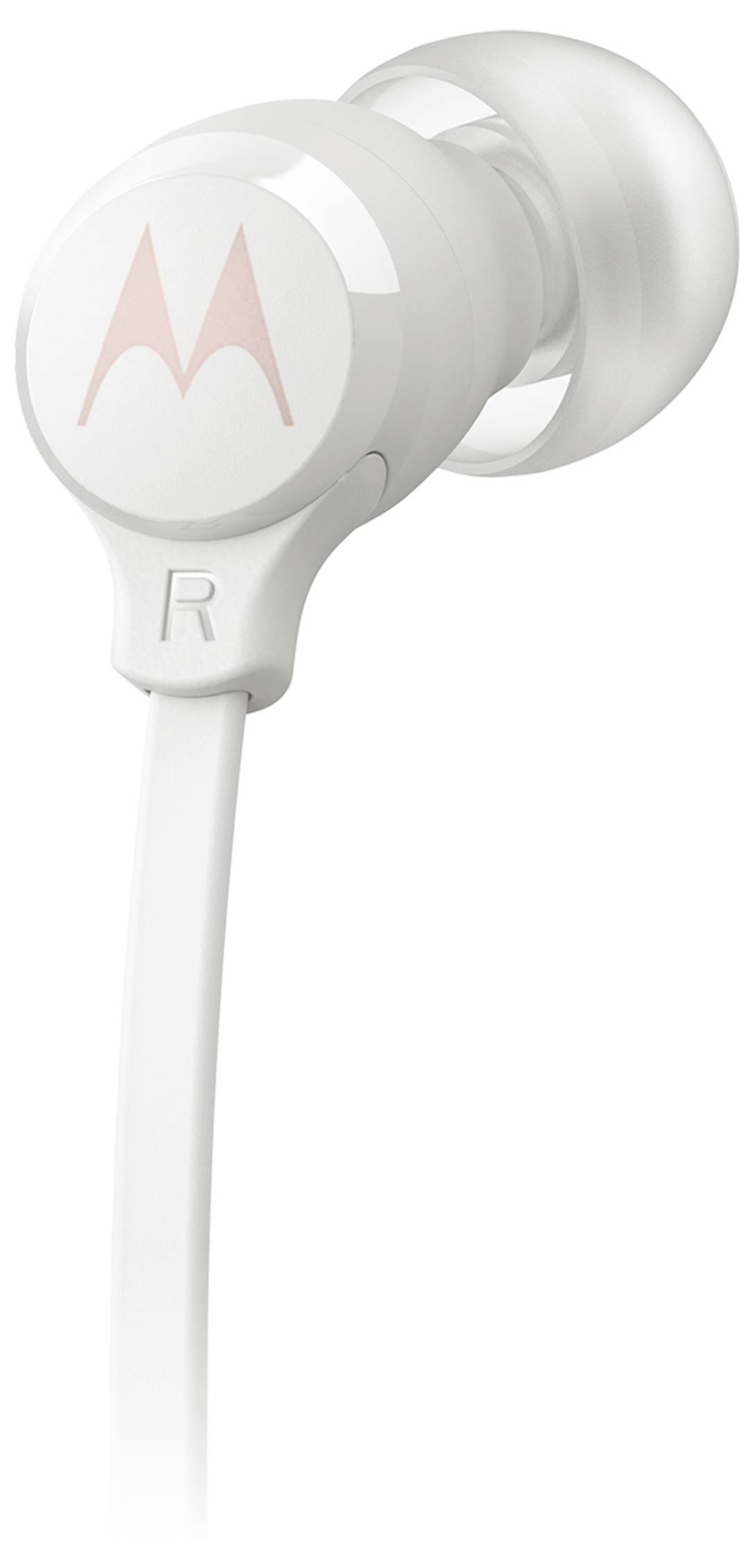 Ein weißes Earbud mit 'M'-Logo, das die rechte Seite zeigt und an ein flaches Kabel angeschlossen ist.