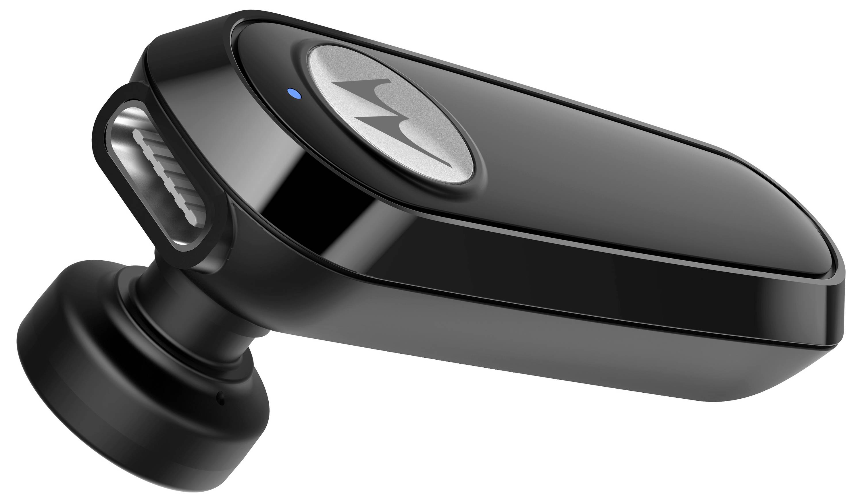 Ein schlanker schwarzer drahtloser Bluetooth-Ohrhörer mit einem Single-Earpiece-Design und einem kleinen blauen Indikatorlicht auf seiner Außenfläche.