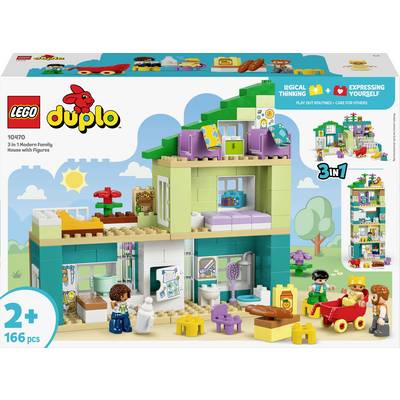 Lego Duplo 3-in-1 Modernes Familienhaus mit Figuren, Spielset für Kinder ab 2 Jahren, das ein farbenfrohes, mehrgeschossiges Haus mit Spielfiguren und Zubehör zeigt.