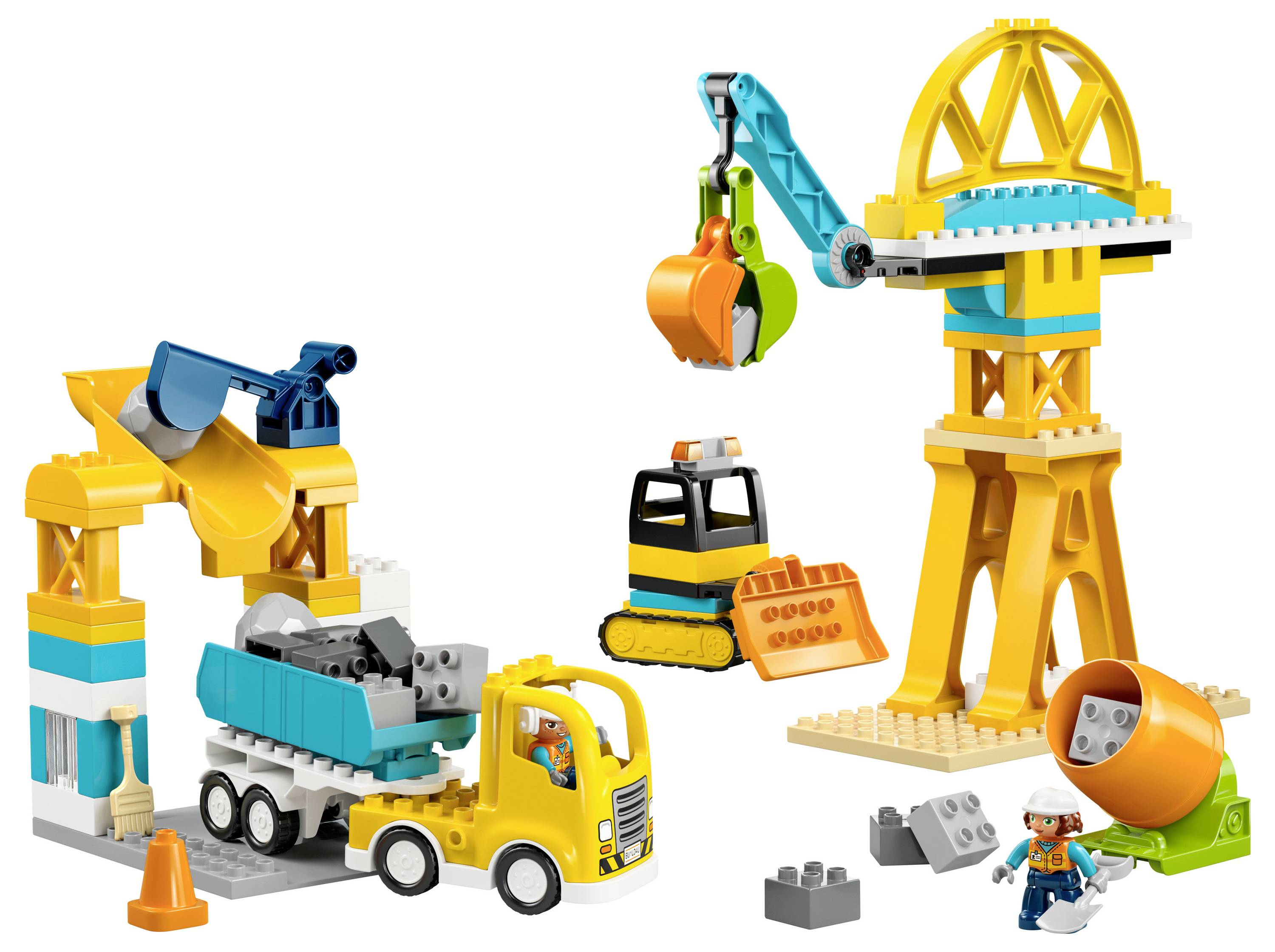 Ein buntes Spielzeug-Set mit Baustellen-Thema, das Fahrzeuge wie einen Lastwagen, einen Kran und einen Bulldozer umfasst, mit einer Arbeiterfigur und Bauklötzen.