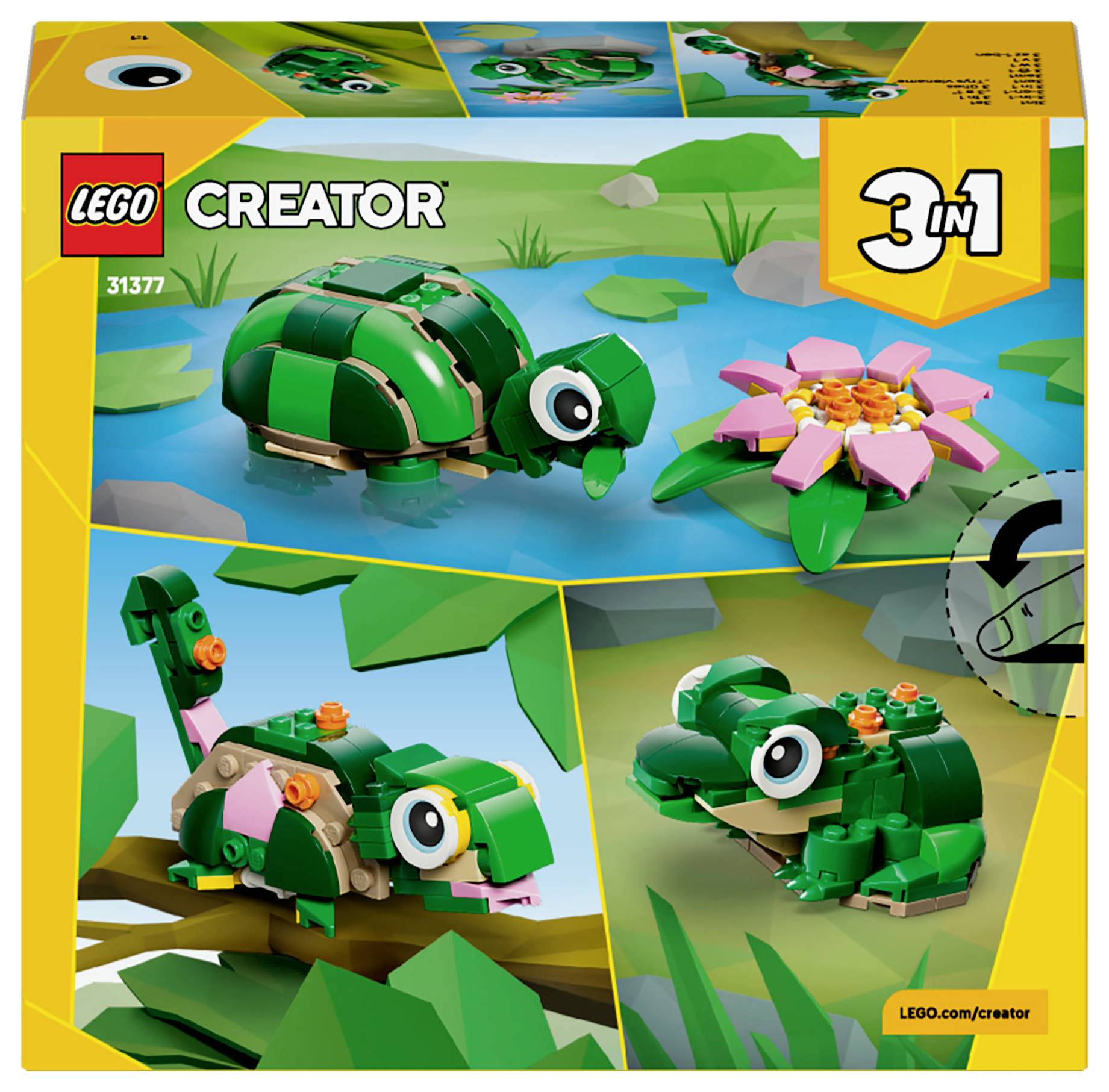 LEGO Creator 3-in-1-Set mit einem Modell einer Schildkröte, eines Frosches und einer Eidechse in einer natürlichen Umgebung mit Seerosenblatt und Blume.