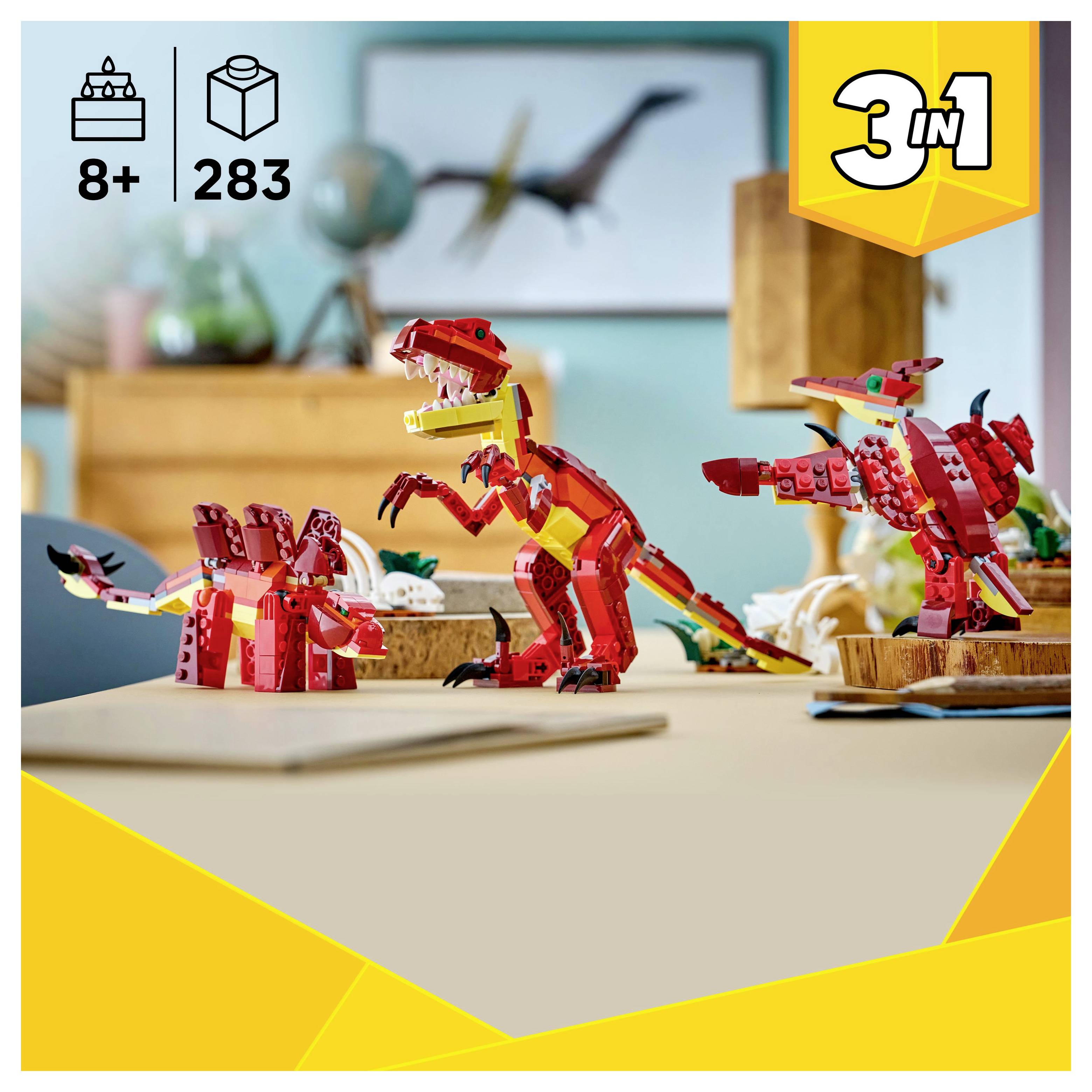 Lego-Set mit drei Dinosaurier-Modellen, die aus 283 Teilen zusammengesetzt werden, geeignet für Kinder ab 8 Jahren. Die Dinosaurier sind vor einem unscharfen Raumhintergrund in Pose platziert.