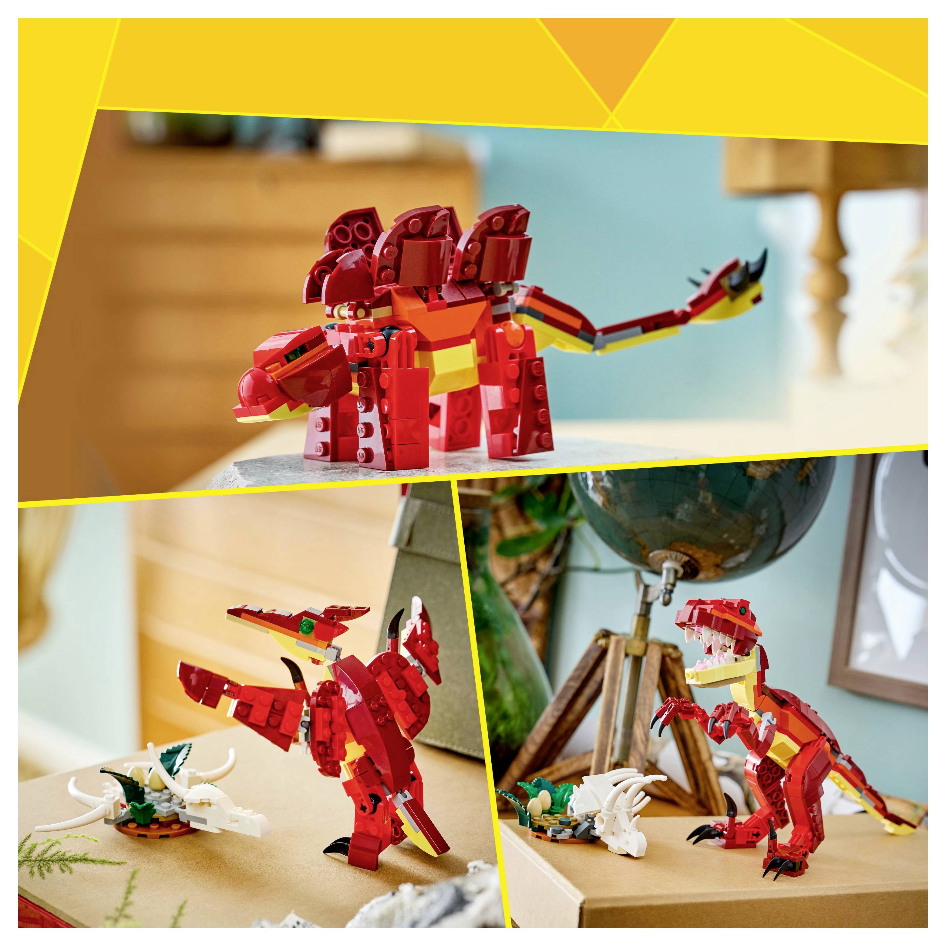 'Lego Creator 3-in-1-Set: Dinosaurier-Figuren in roten und orangen Steinen, auf einem Holztisch mit einem Globus im Hintergrund.'