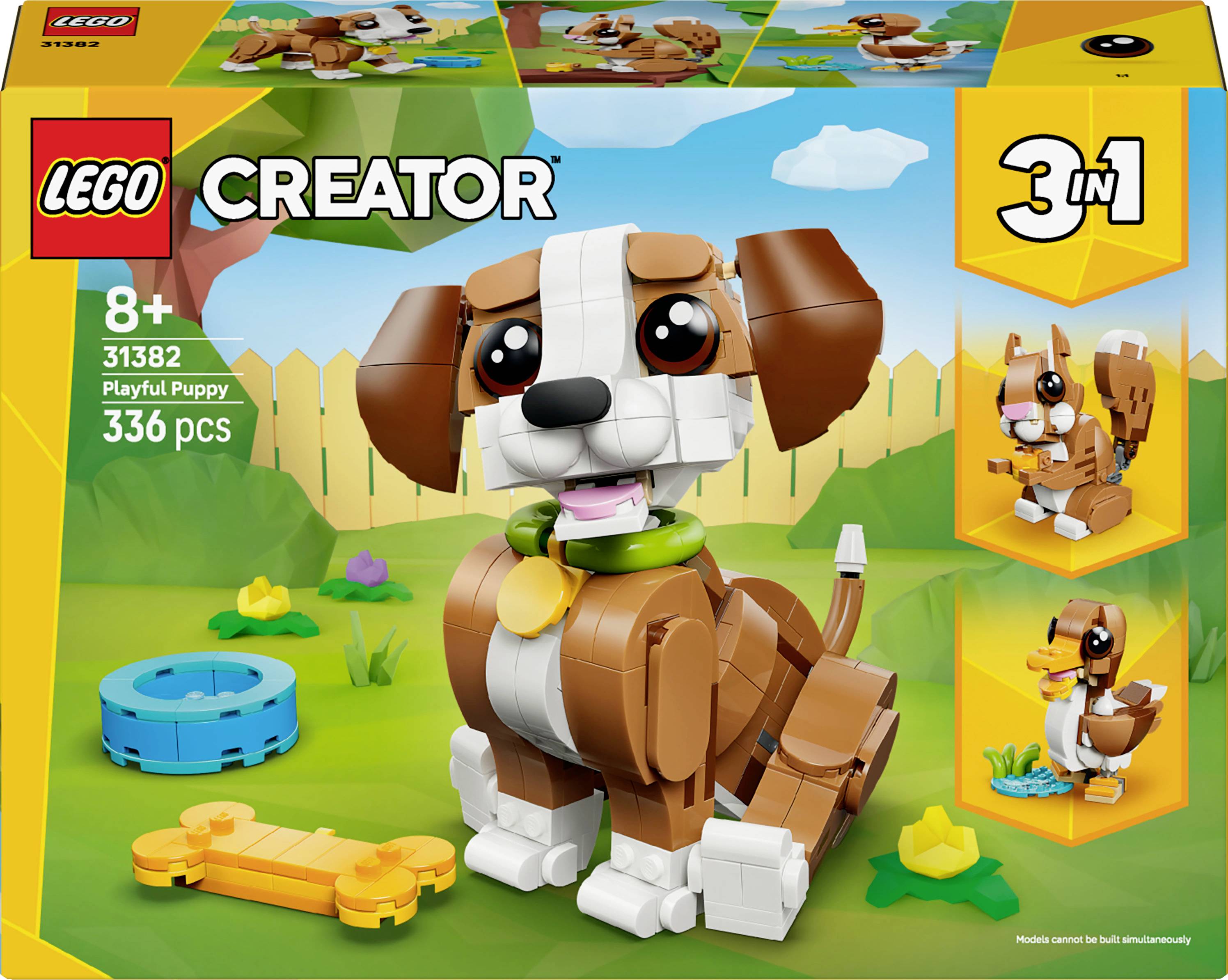 Ein LEGO Creator 3-in-1-Set mit einem 'Verspielten Welpen'. Enthält Anleitungen zum Bau von drei verschiedenen Modellen: einem Welpen, einem Hund und einem Vogel. Geeignet für Kinder ab 8 Jahren, mit 336 Teilen.