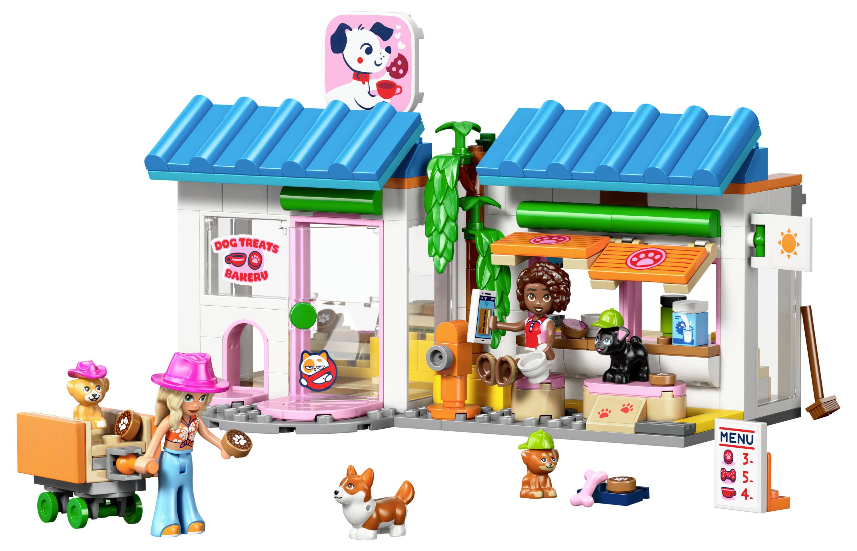 Kinderspielset eines Haustier-Bäckereladens mit Tierfiguren, einer Menütafel und einem Lieferwagen. Ausgestattet mit zwei Charakteren, die den Laden führen.