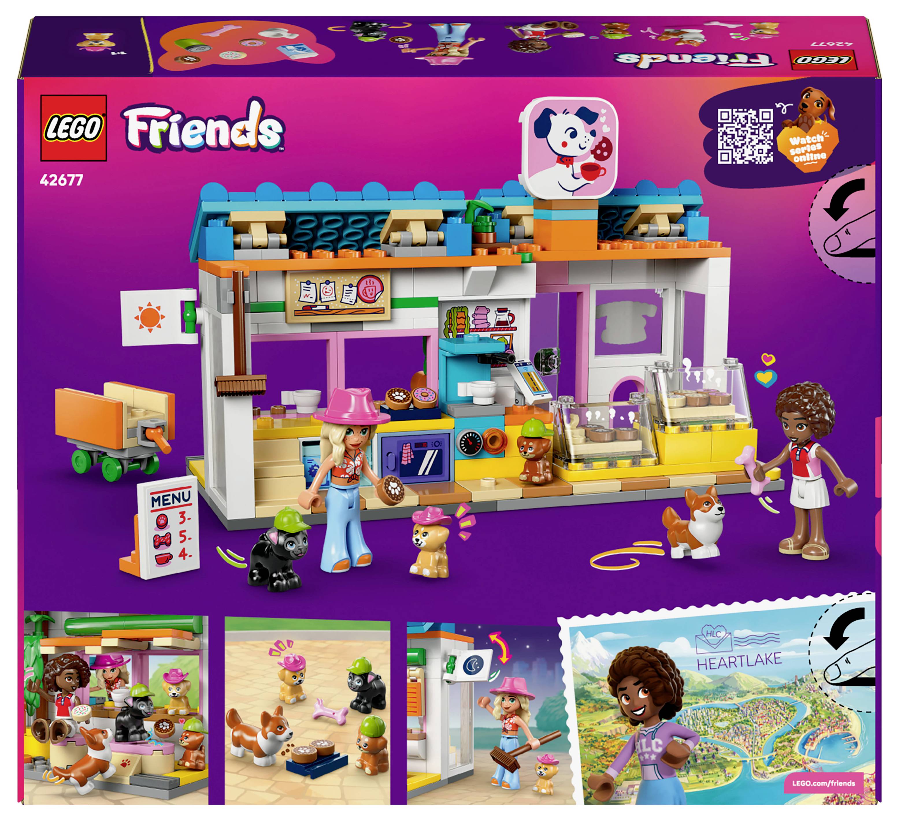 LEGO Friends Heartlake City Organic Café Set mit farbenfrohem Café, Minifiguren, Haustieren und verschiedenen Bauelementen präsentiert.
