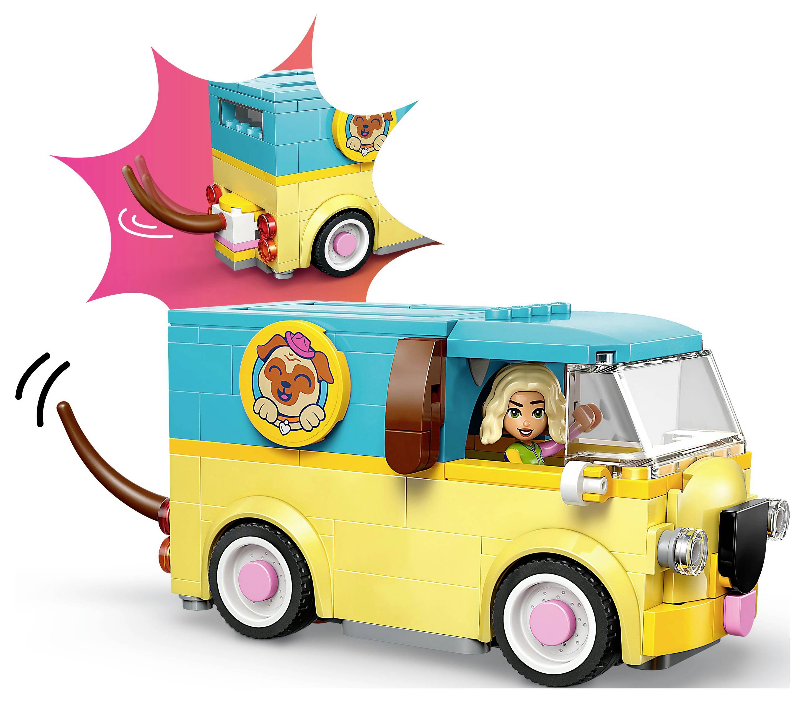 Ein Spielzeug-Van mit einem türkis-gelben Design, auf dessen Seite ein Cartoon-Hundlogo prangt. Eine Figur sitzt auf dem Fahrersitz. Ein Hundeschwanz ragt aus der Rückseite, mit einer Detailansage des wedelnden Schwanzes.