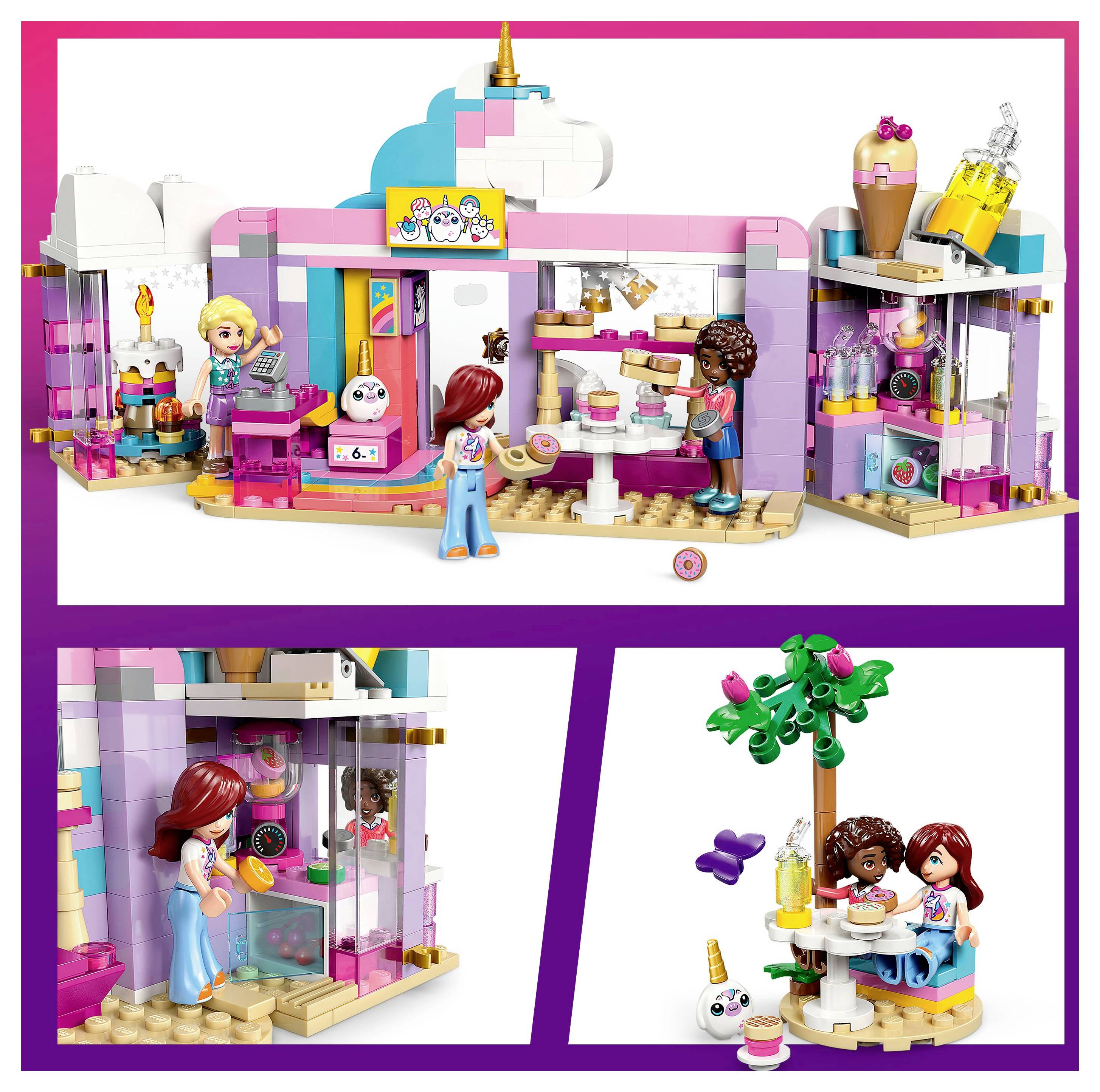 Spielset mit einem bunten Eiscafé, das Figuren zeigt, die Eis servieren und unter einem Baum draußen Eis genießen.