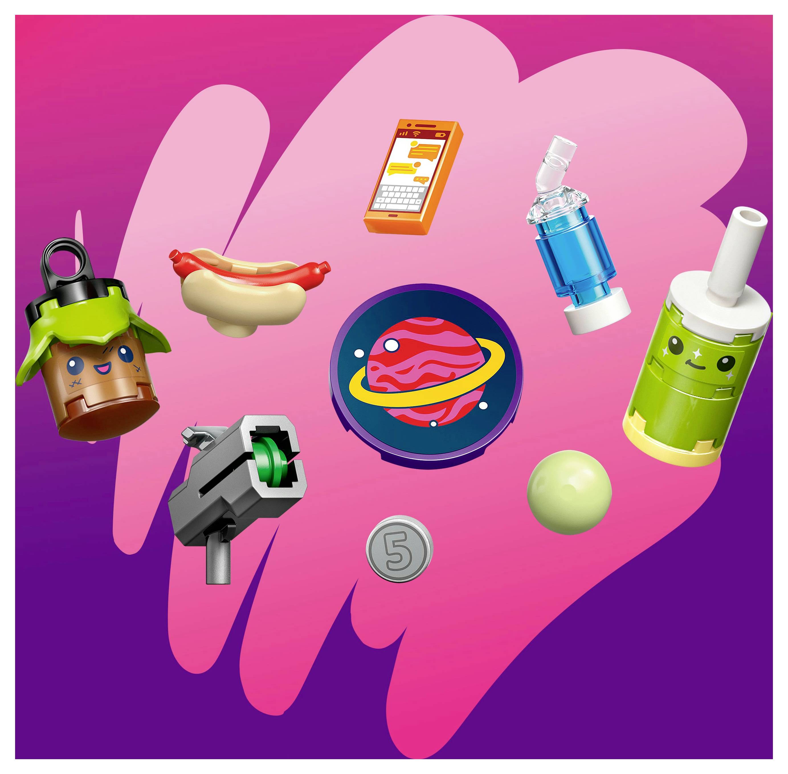 Bunte Sammlung digitaler Gegenstände, einschließlich eines roten Planetenknopfs, einer grünen Getränkedose, eines Hot Dogs und mehr, auf einem pinken Hintergrund.