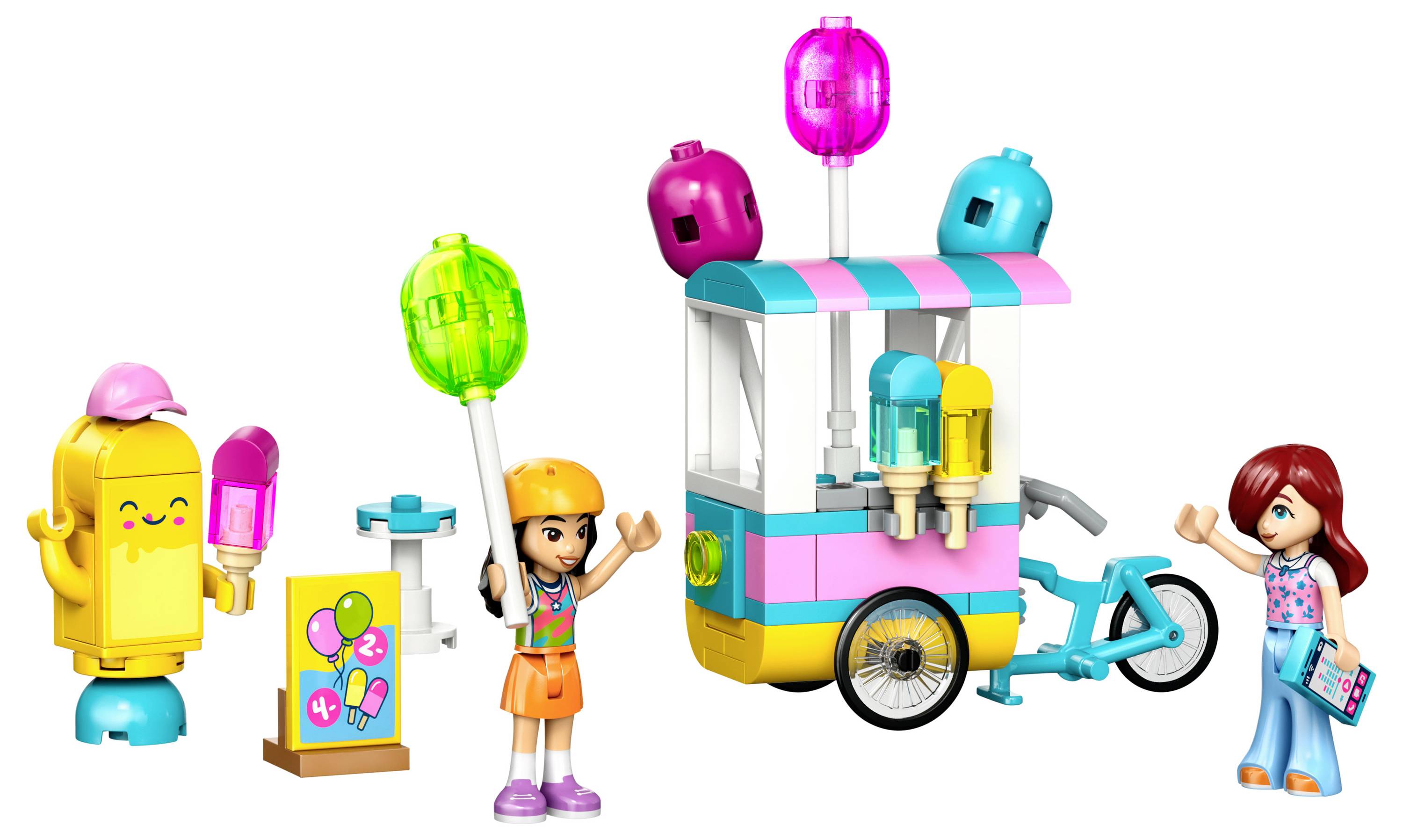 Zwei Spielzeugfiguren spielen mit einem bunten Eiswagen. Eine hält einen großen grünen Eis am Stiel, während eine andere lächelnd näher kommt.