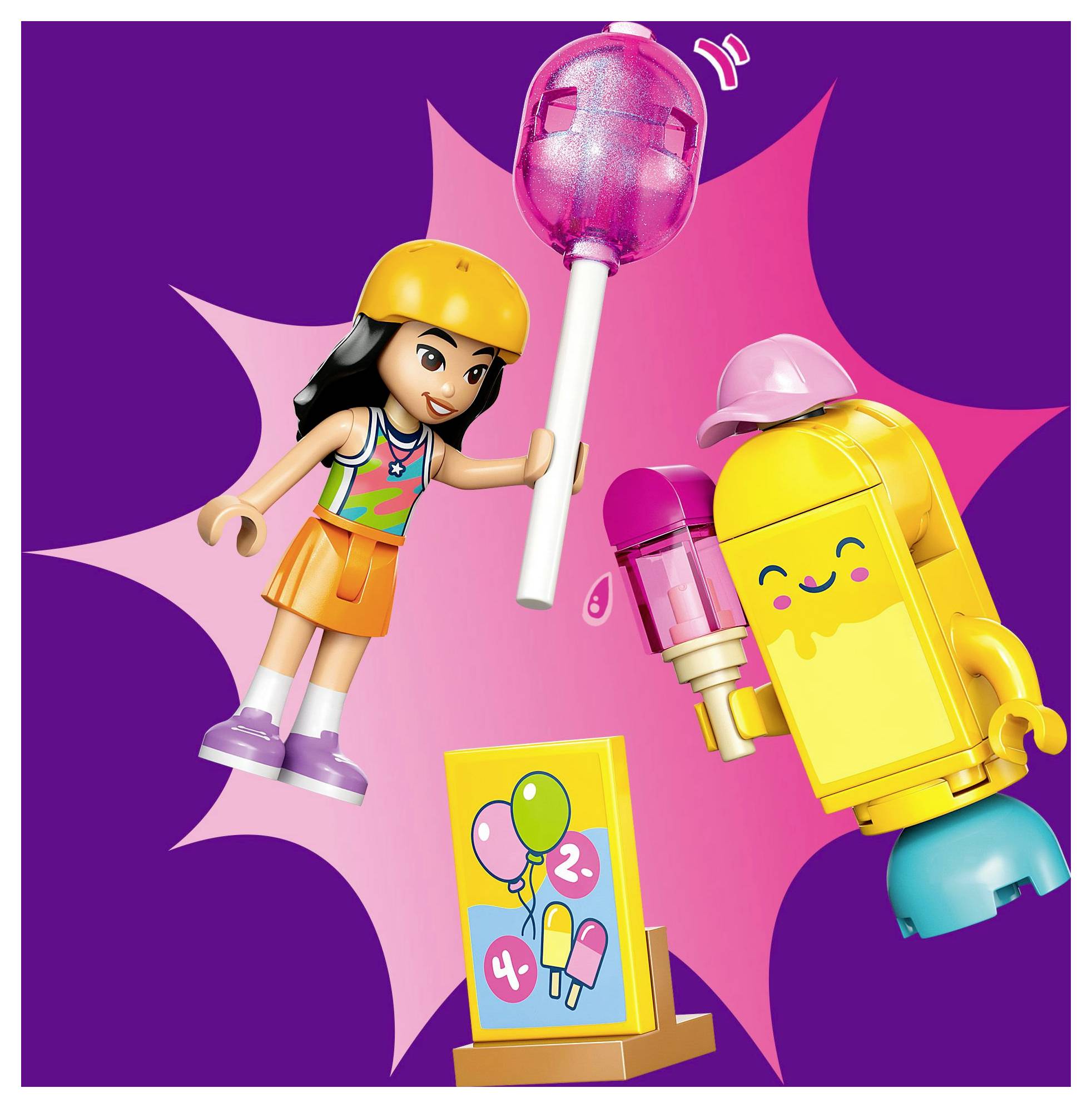 Eine farbenfrohe LEGO-Szene mit zwei verspielten Figuren: ein Mädchen, das einen riesigen Lutscher hält, und einer gelben Figur mit Eis, umgeben von einem lebhaften rosa und lila Hintergrund.