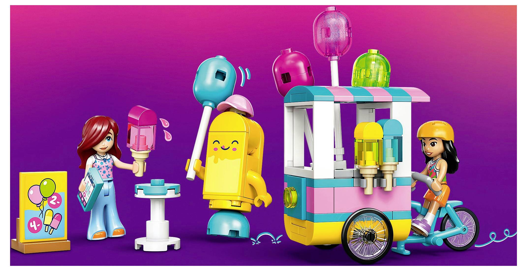 Zwei Spielzeugfiguren an einem Eiswagen mit bunten Eis am Stiel. Eine Figur bedient, während die andere ein rosa Eis hält. Eine verspielt wirkende Szene.