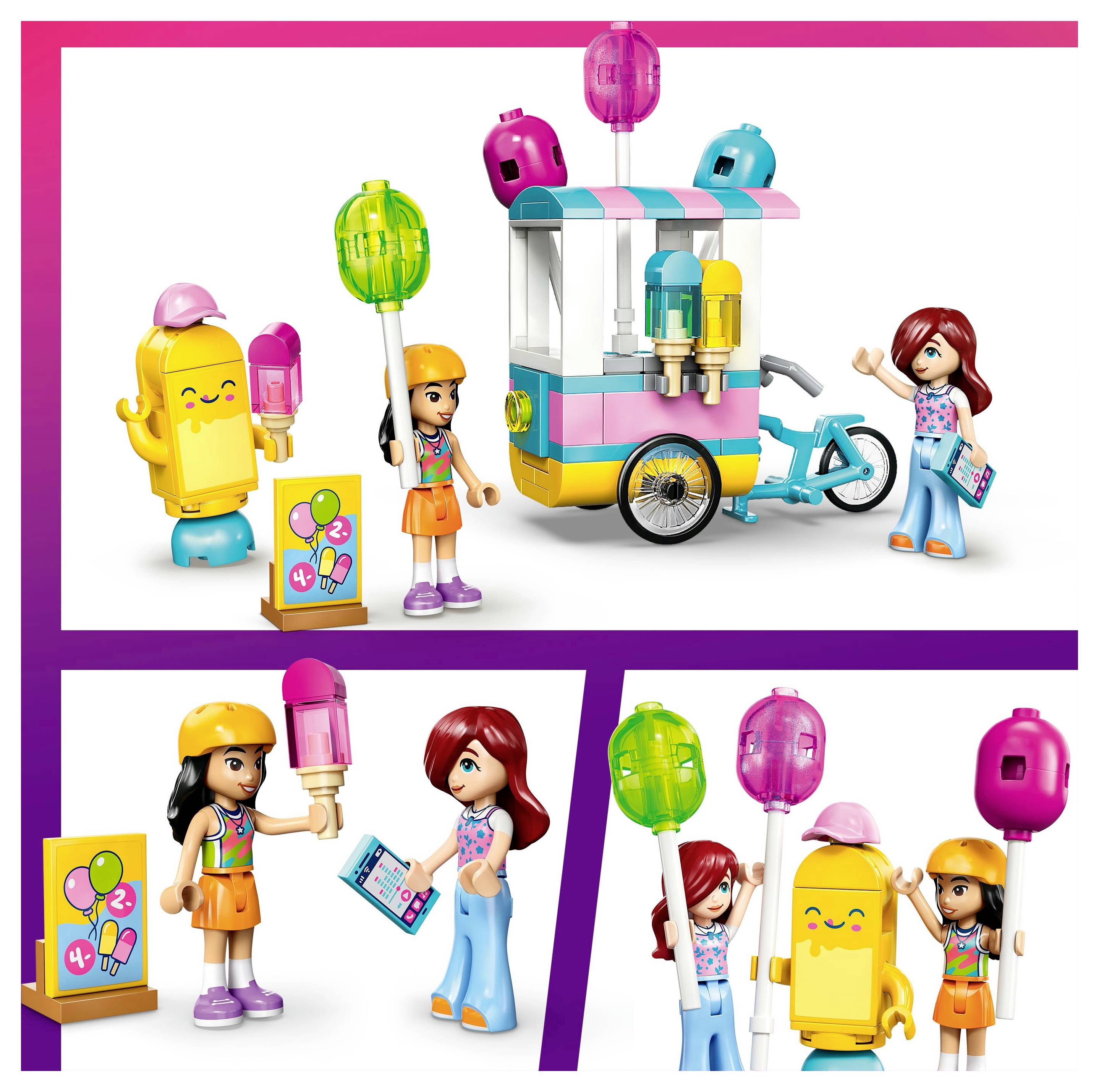 Kinder, die mit einem farbenfrohen Eisverkaufsstand-Spielzeugset interagieren, mit zwei Figuren, die Eiscreme halten, und einem blauen Dreirad-Wagen.