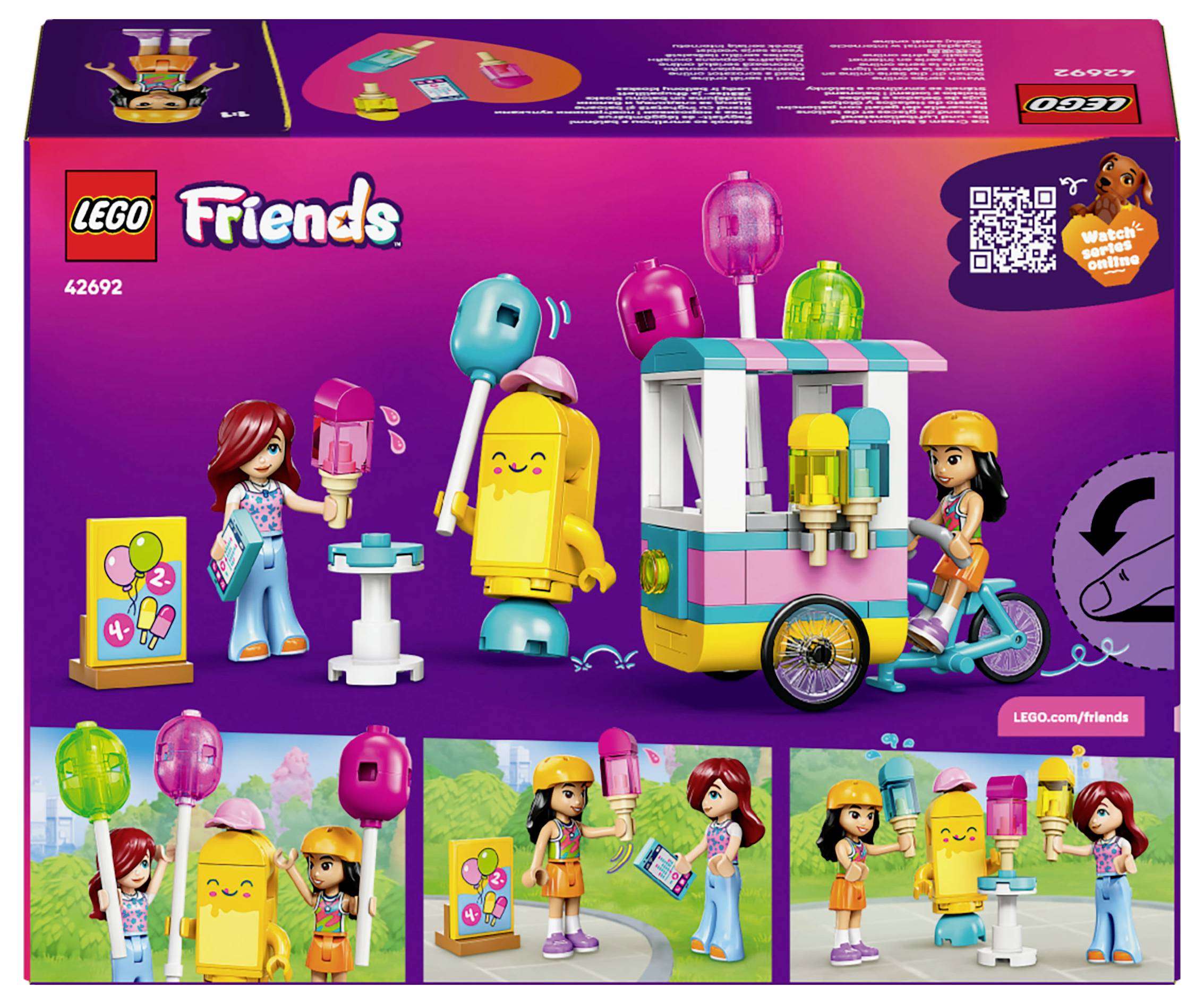 LEGO-Set-Box mit einem bunten Eiswagen, einer Figur mit einem Eis am Stiel und einer weiteren Figur, die den Wagen schiebt. Enthält QR-Code für Online-Inhalte.