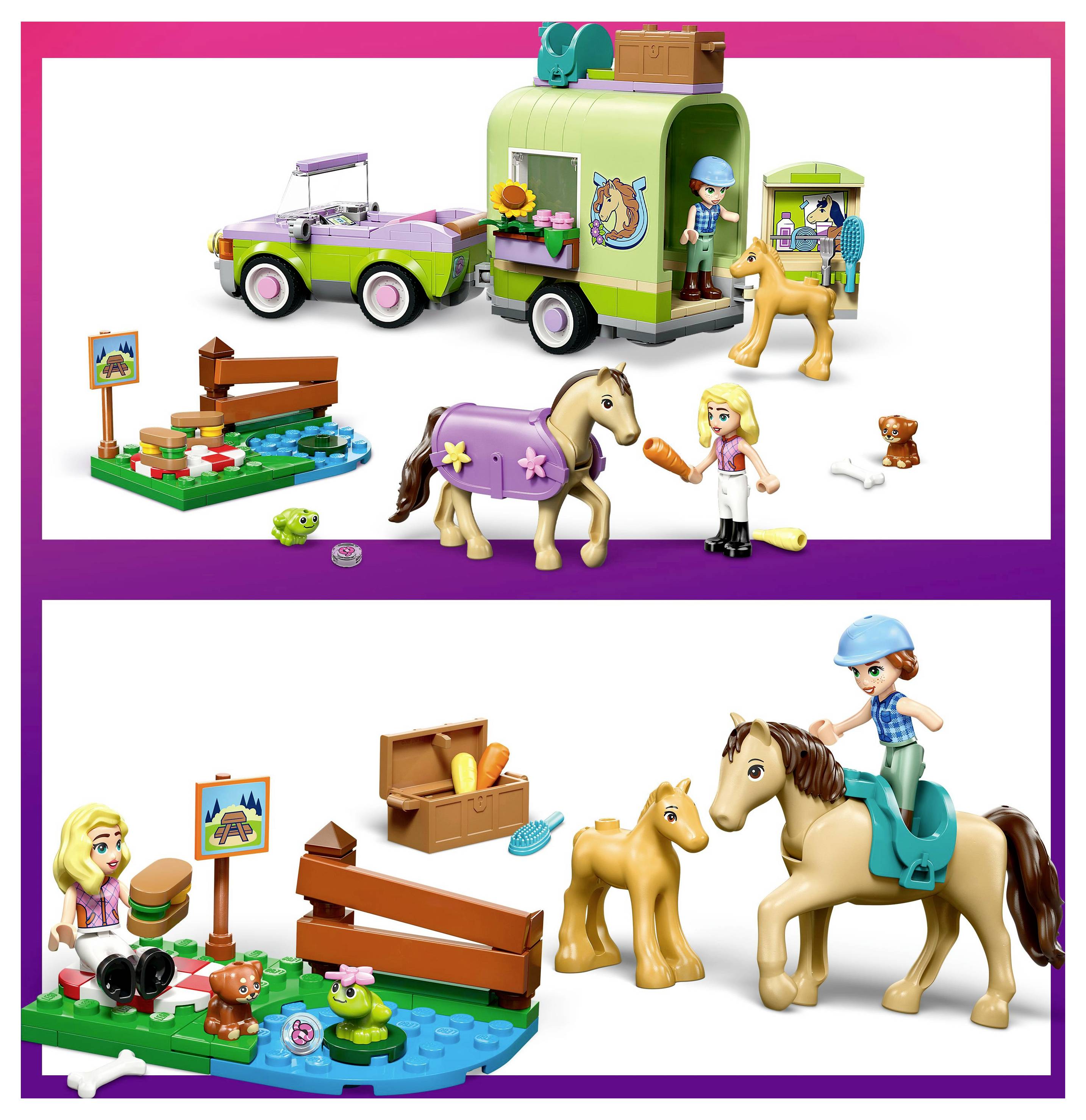 Zwei Spielszenen: Oben ist ein Mädchen mit einem Pferd, einem Auto und einem Anhänger zu sehen; unten sieht man zwei Mädchen mit Pferden, einem Zaun und Zubehör.