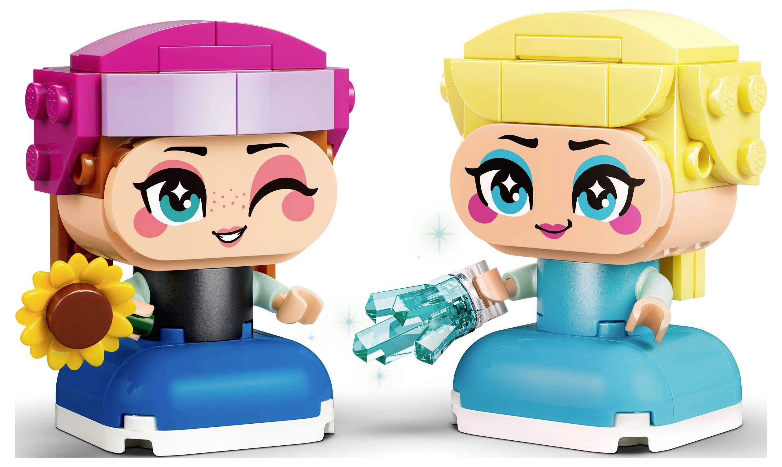 Zwei Figuren im Blockstil, eine mit einer Sonnenblume in der Hand und zwinkerndem Auge, die andere lächelnd mit einem Kristall in der Hand. Beide tragen bunte, kantige Outfits.