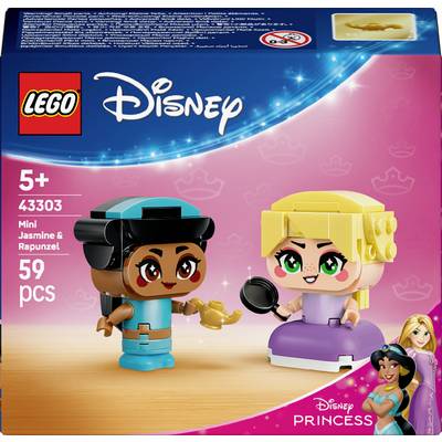 Zwei LEGO Disney Princess Figuren: Jasmin hält eine Lampe, und Rapunzel hält eine Bratpfanne. Set ist für Kinder ab 5 Jahren, enthält 59 Teile.