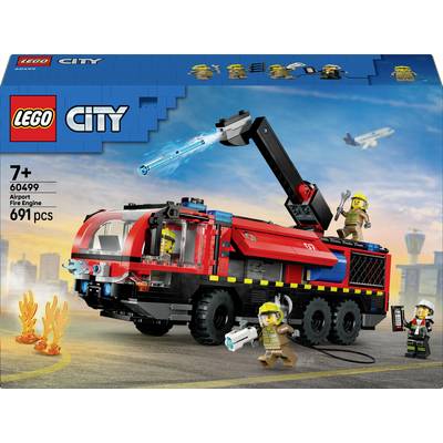 Lego City Flughafen-Feuerwehrwagen-Set mit 691 Teilen, bestehend aus einem Feuerwehrauto, Feuerwehrleuten mit Ausrüstung und kleinen Feuerelementen in einer Flughafenszene.