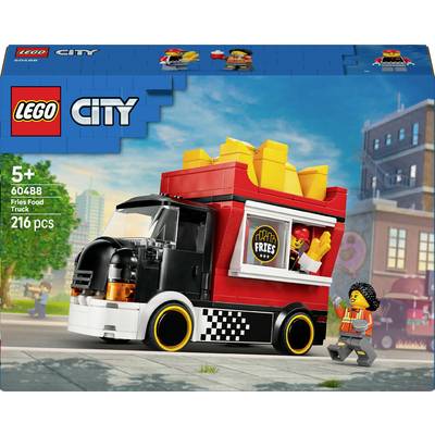 LEGO City Pommes-Foodtruck Set 60488; beinhaltet einen schwarz-roten Truck mit einem großen Pommes-Schild auf dem Dach, inklusive einer LEGO-Figur. Geeignet für Kinder ab 5 Jahren.