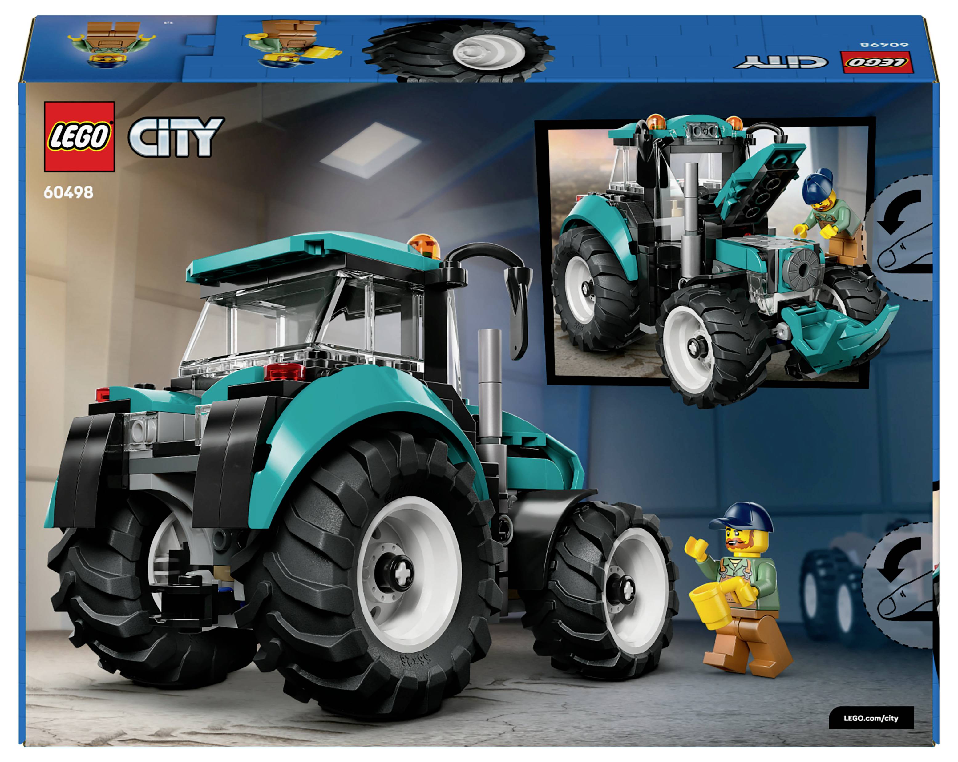 Lego City Traktor-Set mit einem türkisfarbenen Traktormodell und einer Minifigur. Große Räder, detaillierte Fahrerkabine. Box enthält Bauanleitungen.