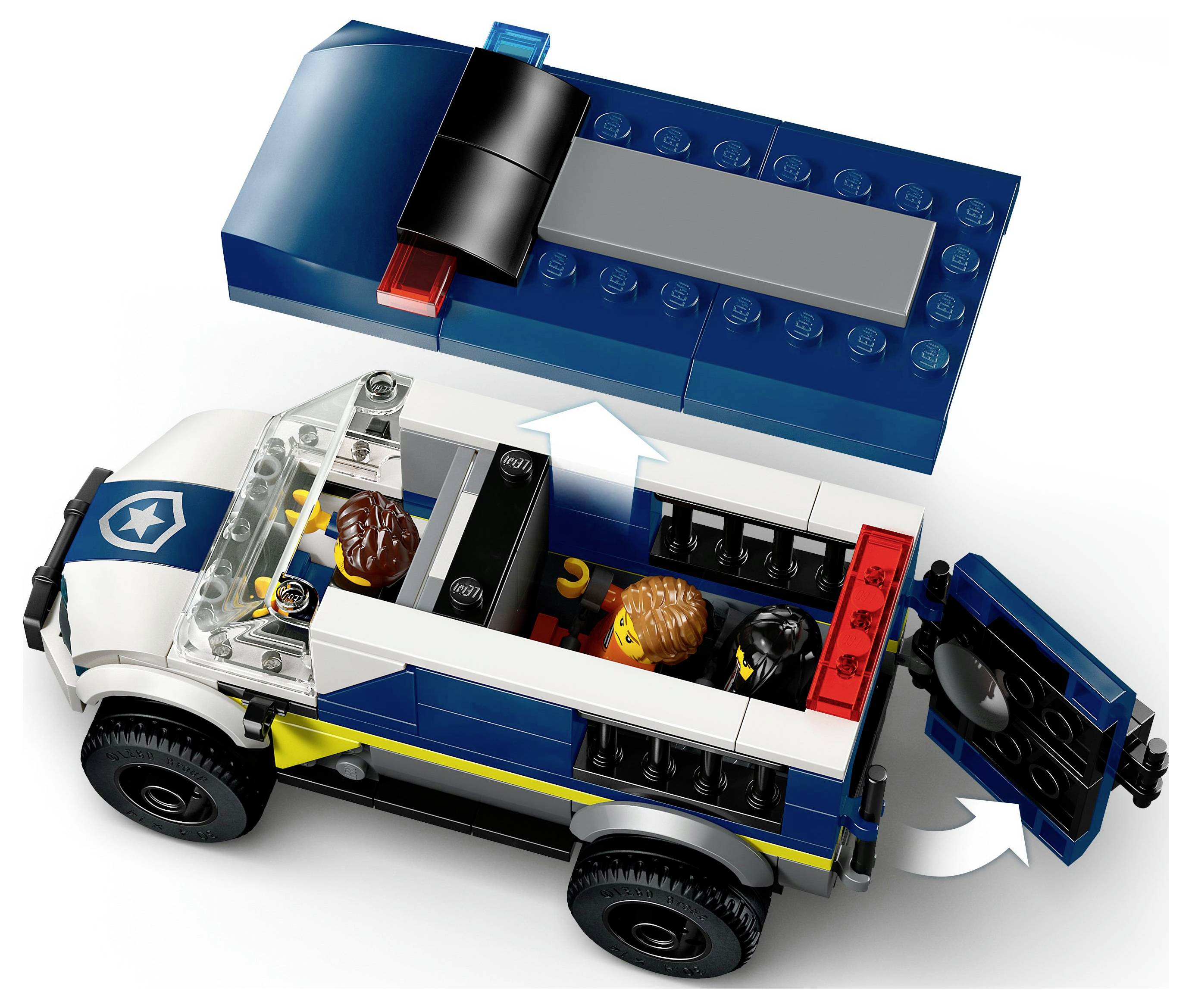 Ein Spielzeug-Polizeifahrzeug mit abnehmbarem Dach und sich öffnender Hecktür, in dem zwei Figuren zu sehen sind. Das Design ist hauptsächlich in Blau und Weiß gehalten.