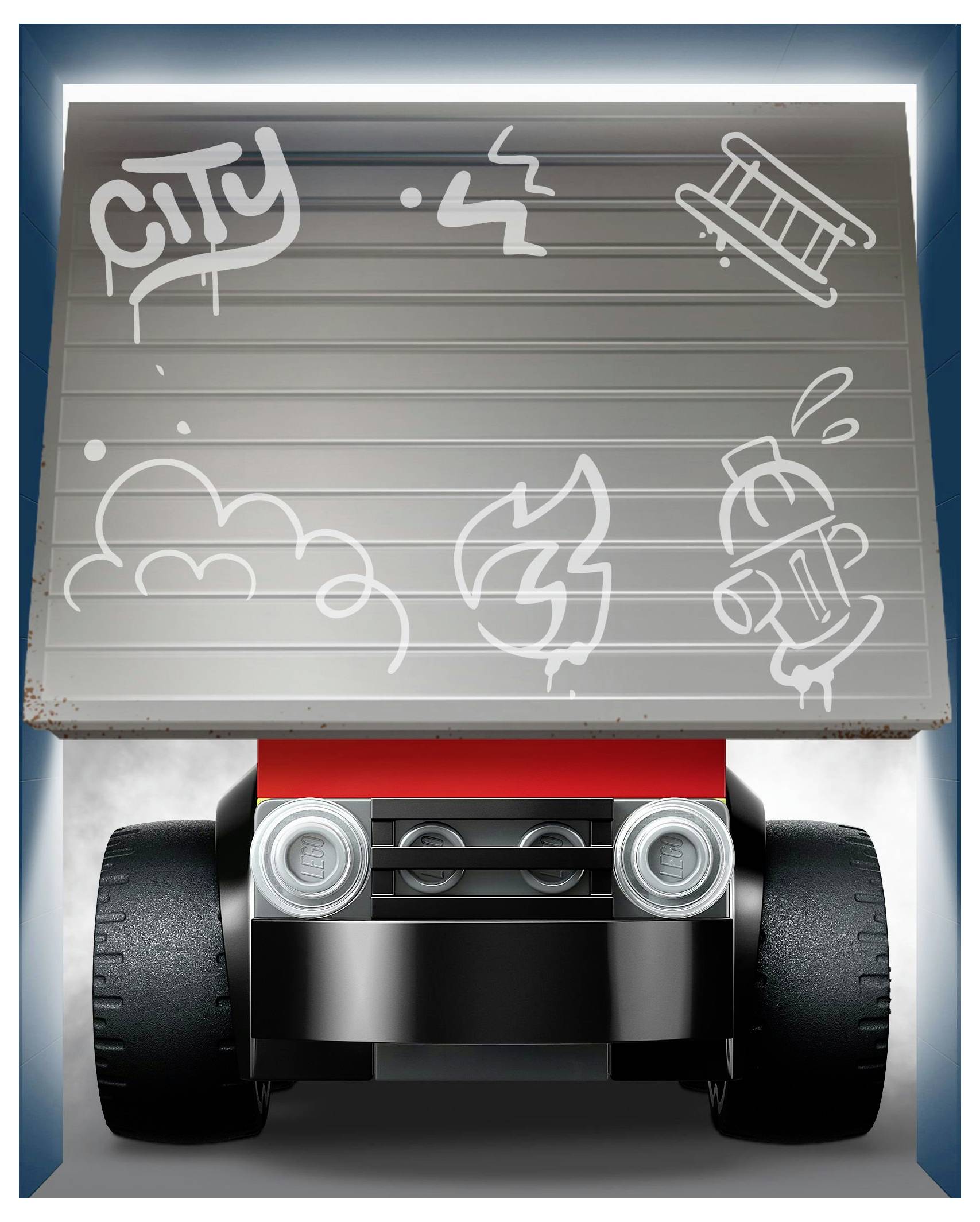 Ein Cartoon-Lastwagen mit einer großen Wand auf dem Rücken, versehen mit Graffiti mit den Wörtern "CITY", einem Hydrantenmit Wolken und abstrakten Designs.