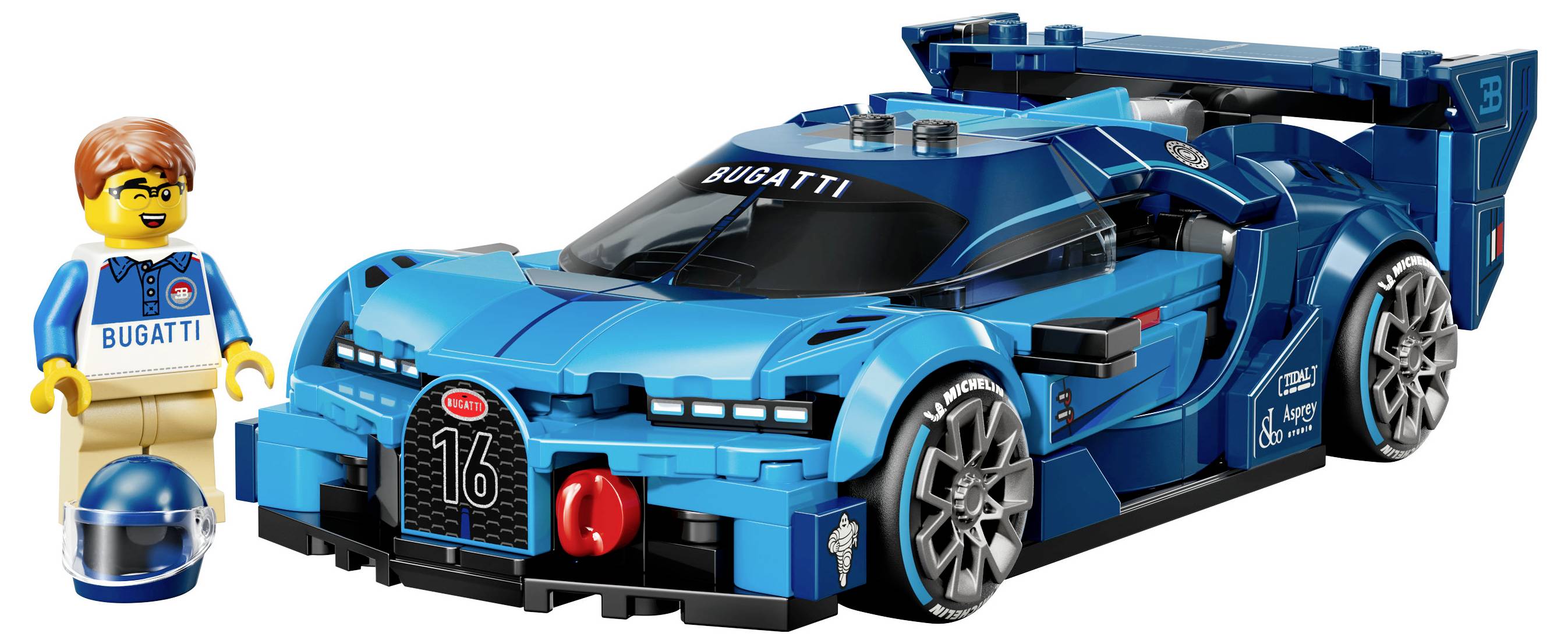 Ein LEGO-Modellbausatz präsentiert einen blauen Bugatti-Rennwagen mit detaillierten Ausarbeitungen, begleitet von einer passenden Minifigur in Rennkleidung.
