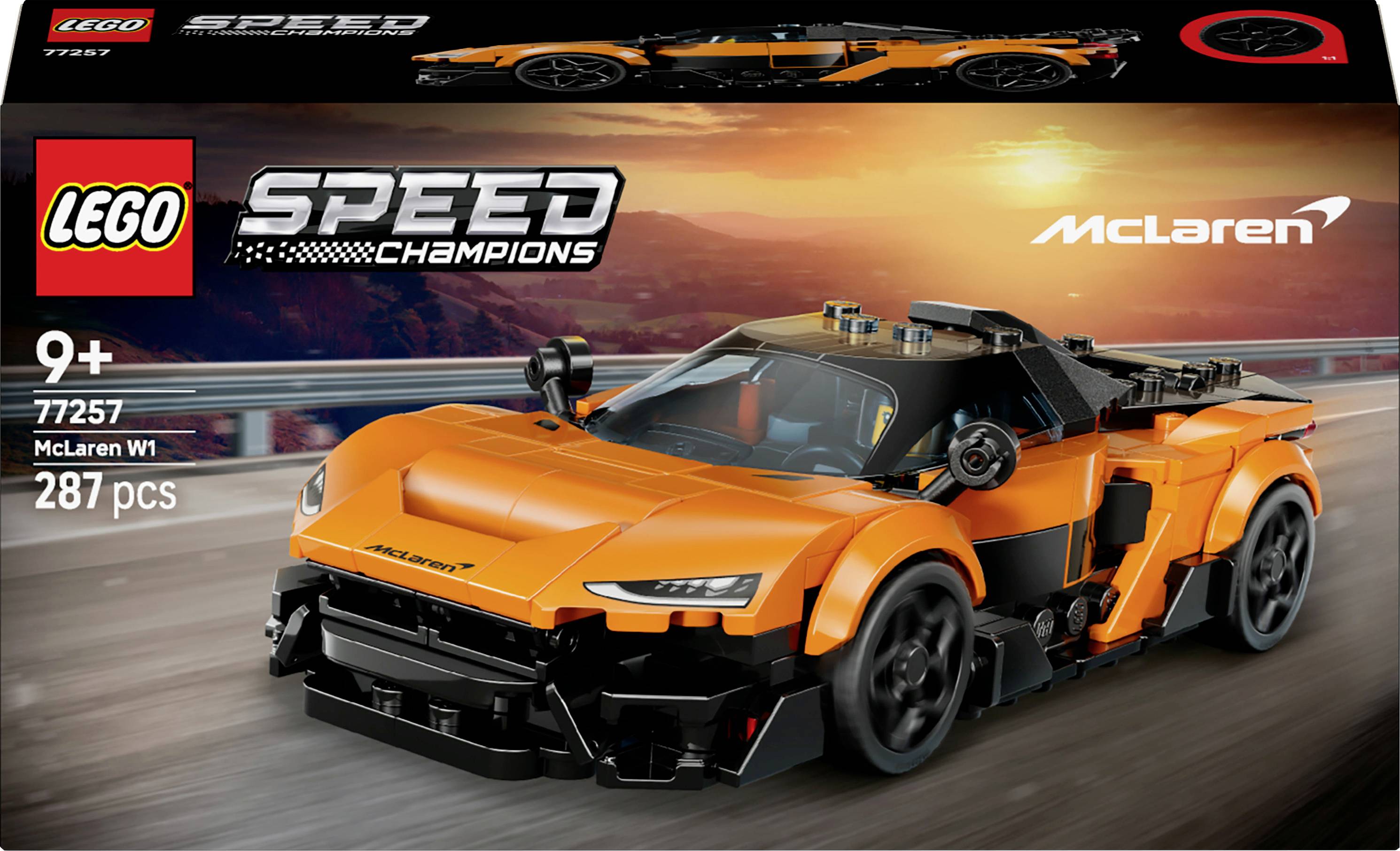 LEGO Speed Champions McLaren Solus GT Set mit Verpackung, die einen orangefarbenen McLaren mit schwarzen Details auf einer Straße bei Sonnenuntergang zeigt. Geeignet für Kinder ab 9 Jahren.