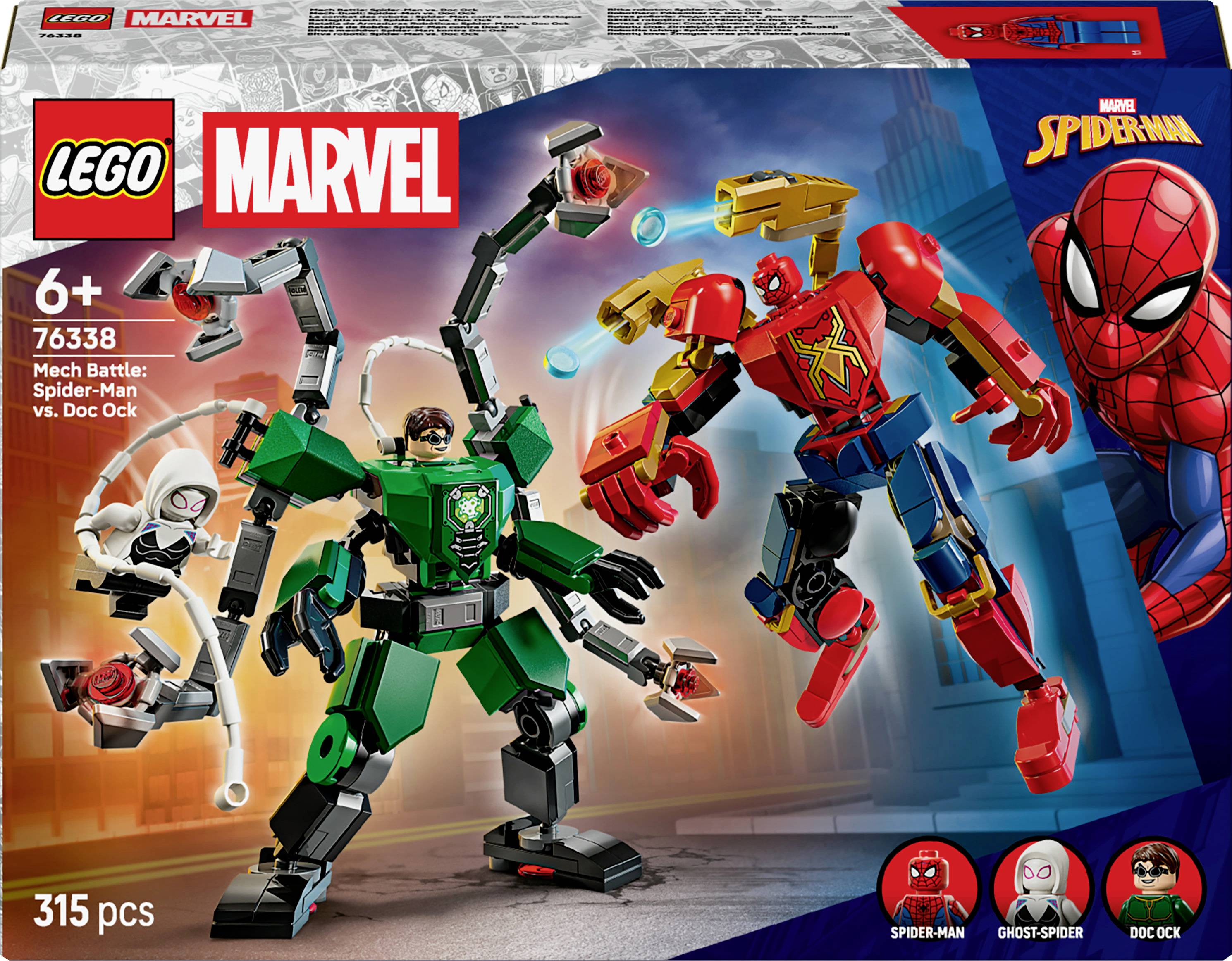 LEGO Marvel Set mit Spider-Man und Doc Ock Mech-Kampf. Enthält Spider-Man-, Ghost Spider- und Doc Ock-Minifiguren. Geeignet für Kinder ab 6 Jahren.