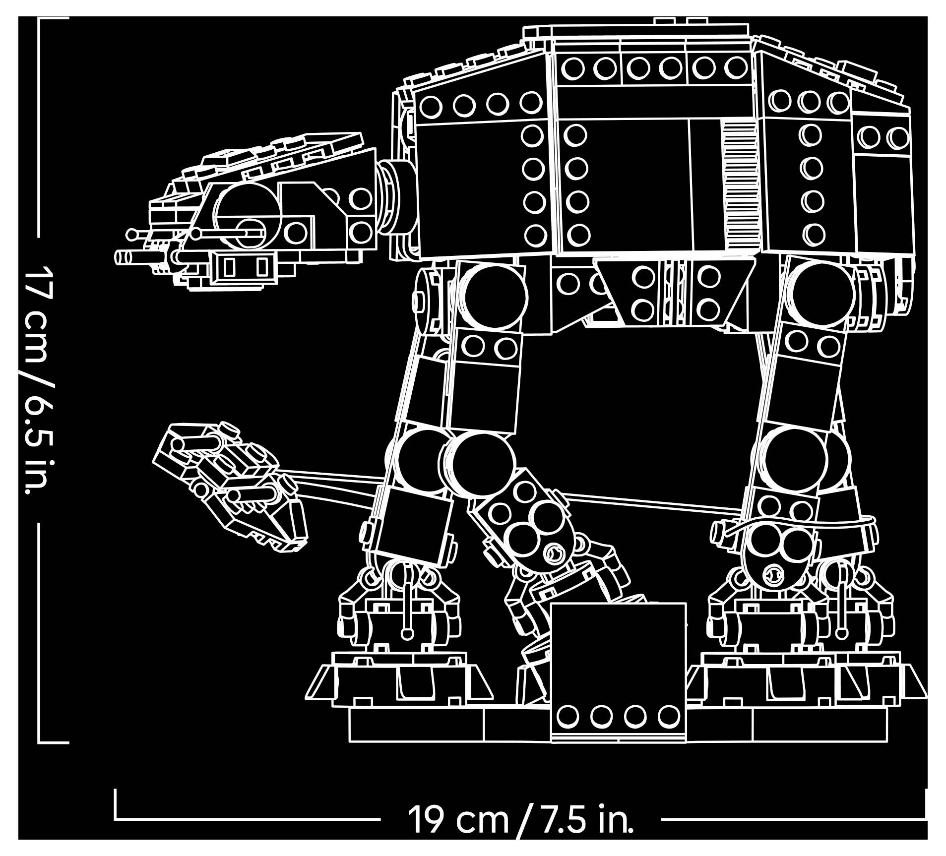 Linienzeichnung eines blockartigen mechanischen Vierbeinläufers mit Abmessungen: 17 cm/6,5 Zoll hoch und 19 cm/7,5 Zoll lang.