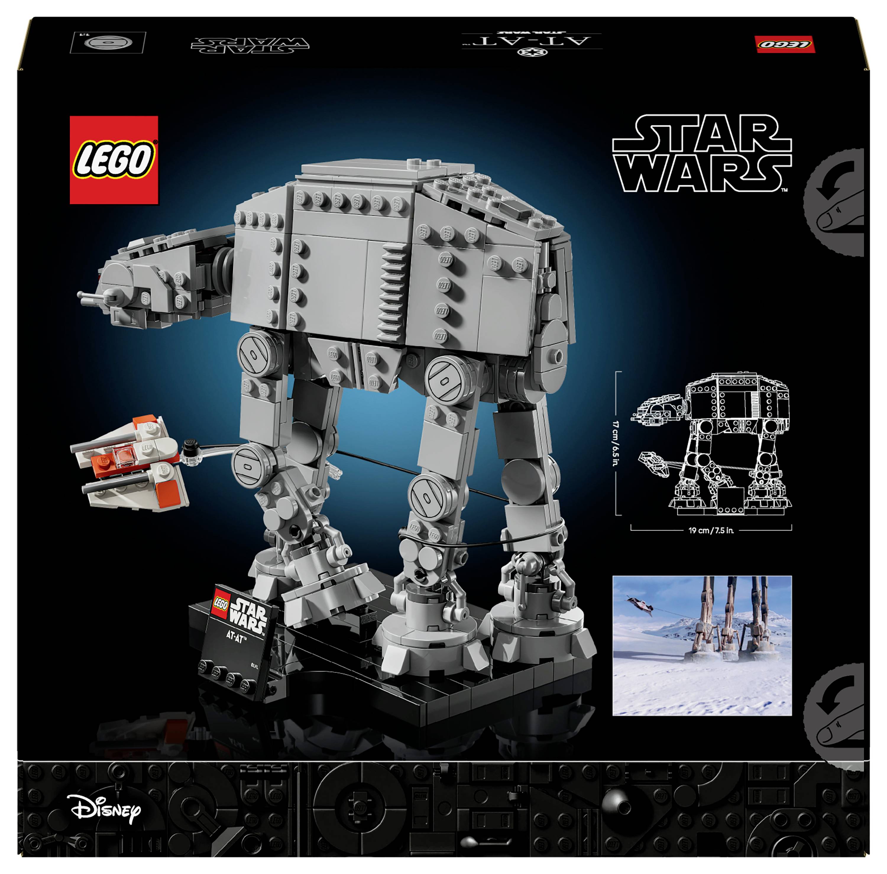 LEGO Star Wars AT-AT Set-Schachtel mit dem ikonischen vierbeینigen Walker aus der Reihe, zusammen mit einem kleinen Bild des AT-AT im Einsatz.