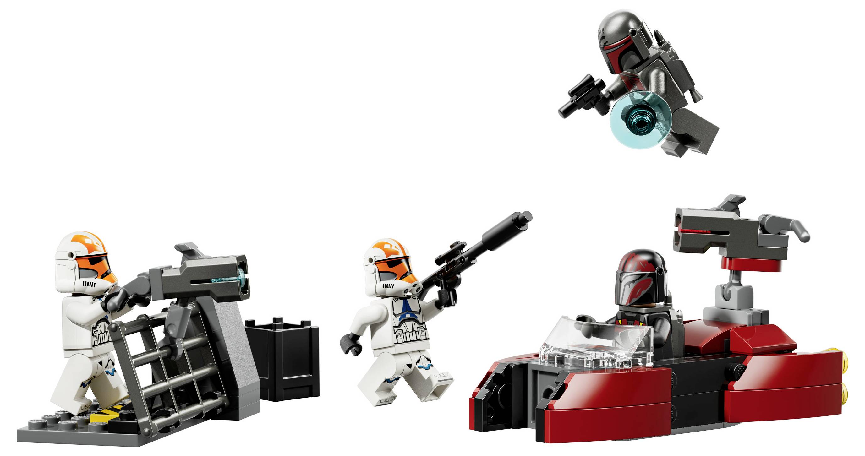 Drei Spielzeugfiguren stellen eine Actionszene dar mit zwei Soldaten und einem Hovercrafts. Ein Soldat zielt mit einem Blaster, ein anderer fliegt, und der Hovercraft ist bewaffnet.