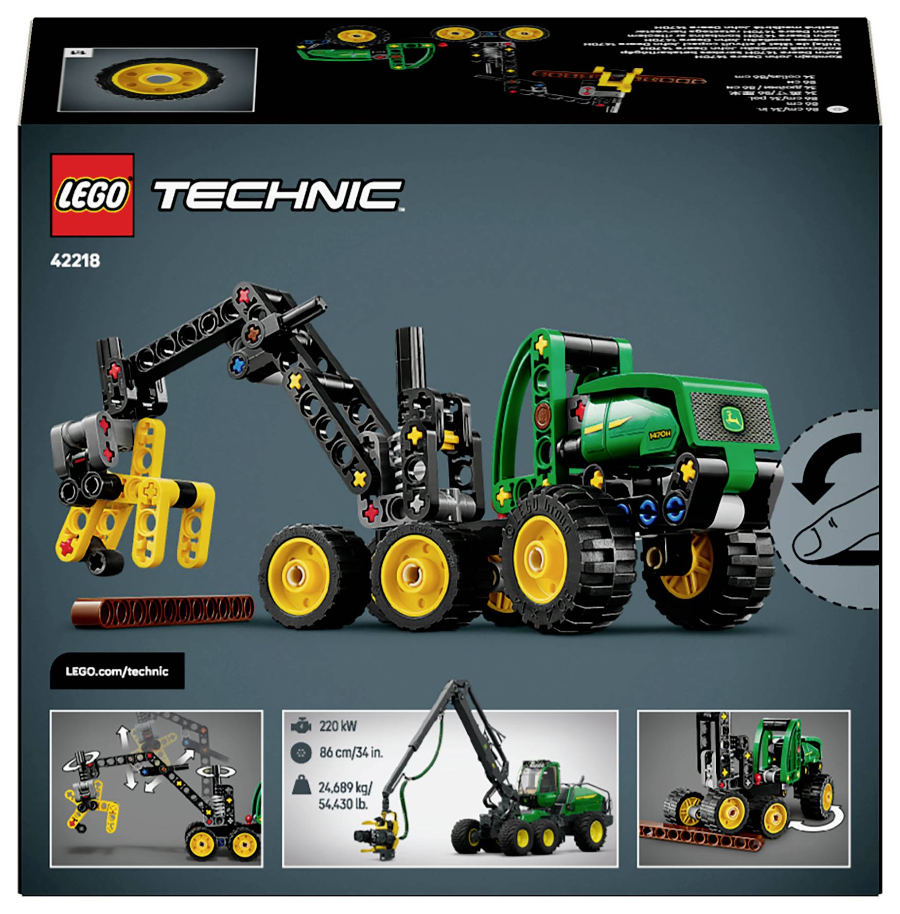 Die Abbildung zeigt eine LEGO Technic Modellbox mit einer grünen Forstmaschine, ausgestattet mit einem Holzgreifer-Anbau, und betont dessen mechanische Funktionen.