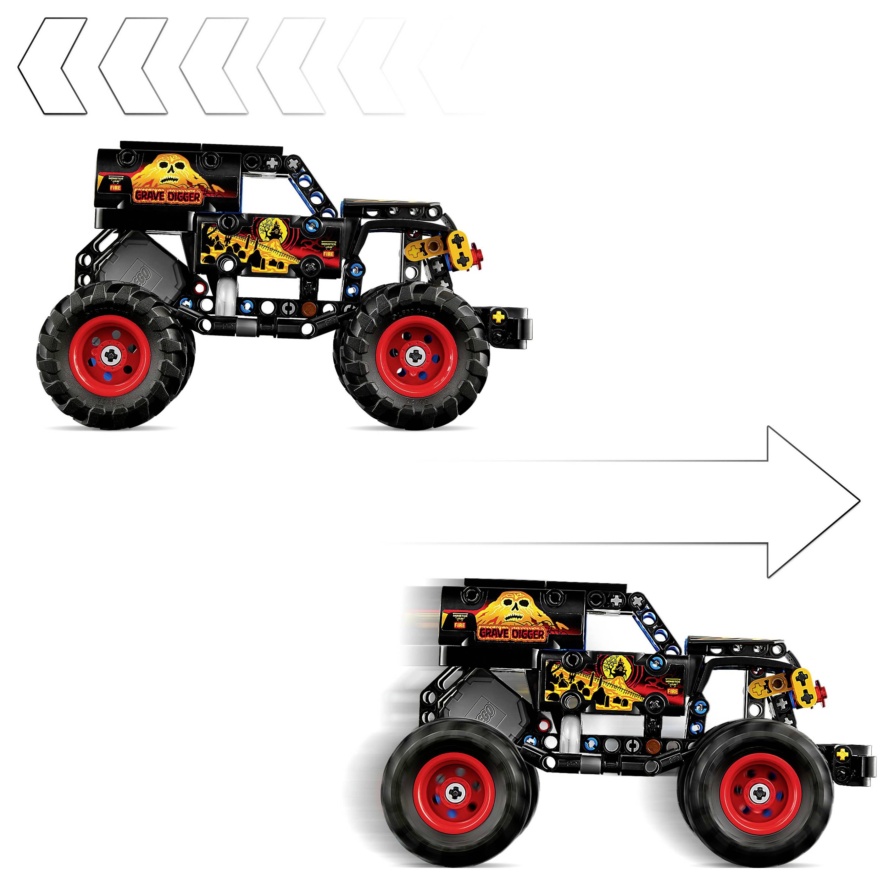 Monster-Spielzeug-Truck mit roten Rädern, beschriftet mit ‚Grave Digger', bewegt sich vorwärts. Pfeile zeigen die Bewegungsrichtung nach rechts.