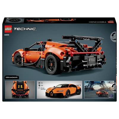 LEGO Technic-Box für Set 42143 mit einem orangefarbenen Sportwagen-Modell, bei dem detaillierte Komponenten und Spezifikationen sichtbar sind.