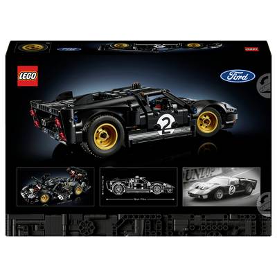 LEGO-Modell eines Ford GT in Schwarz mit goldenen Felgen, auf der Verpackung hervorgehoben. Enthält detaillierte Abbildungen des Autos und des LEGO-Sets.